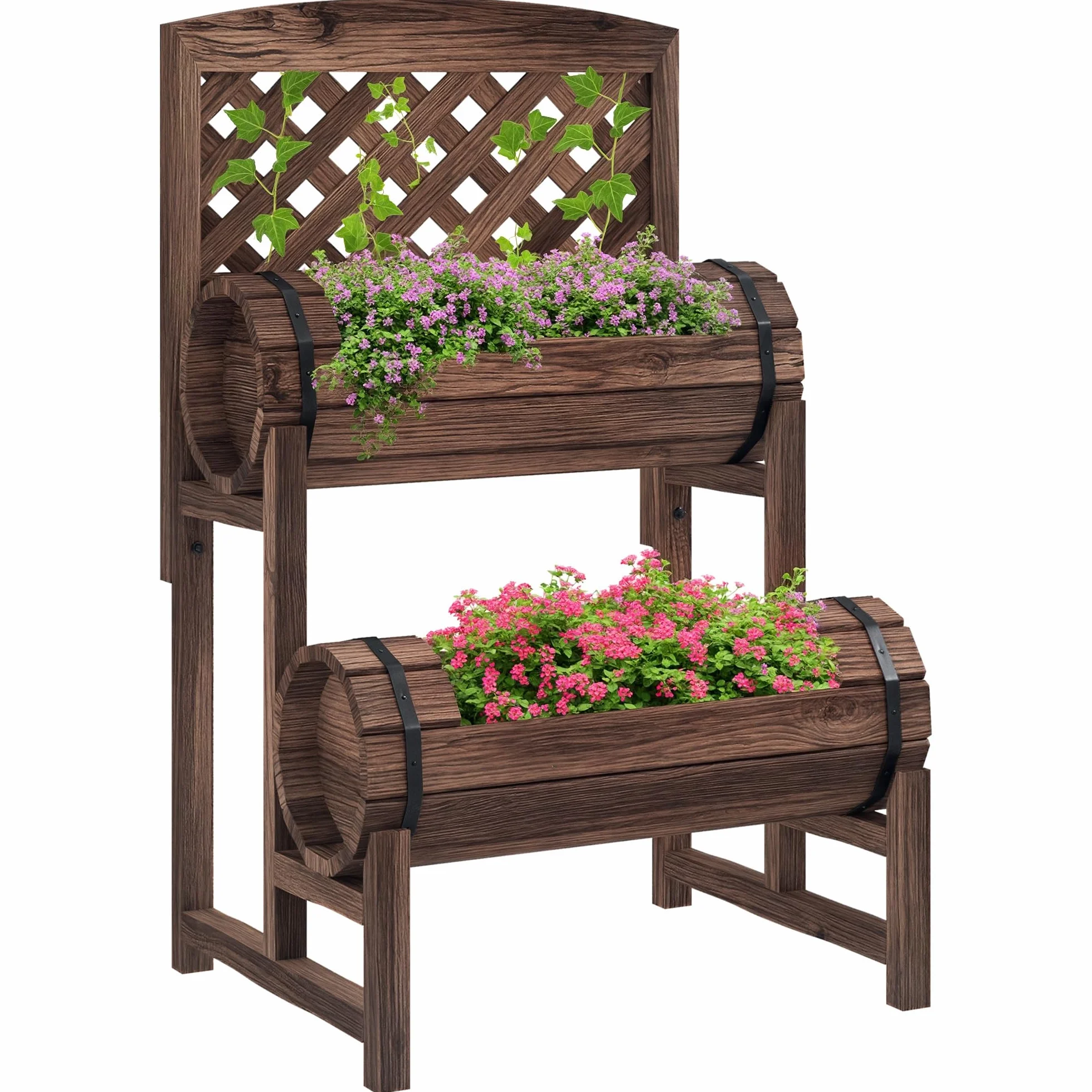 Outsunny - Jardinera sobre patas elevadas (42 x 49 x 80 cm), color marrón | con celosía cuadrada, 2 niveles, cama de jardín elevada, para terraza, balcón, jardín