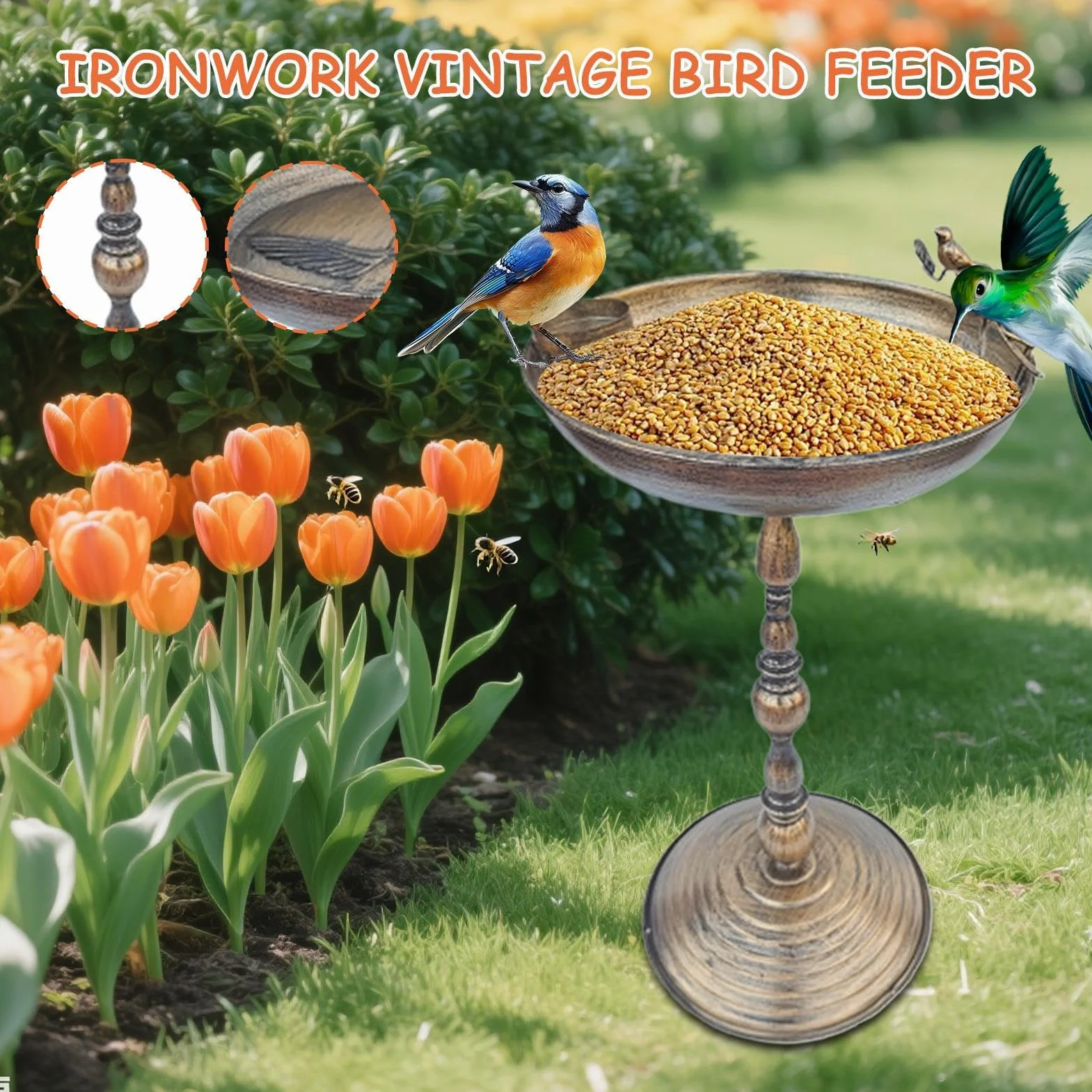 Vogeltränke Stehend für Garten | Antike Eisenkunst Wasserschale für Kolibri, Papagei, Sittich