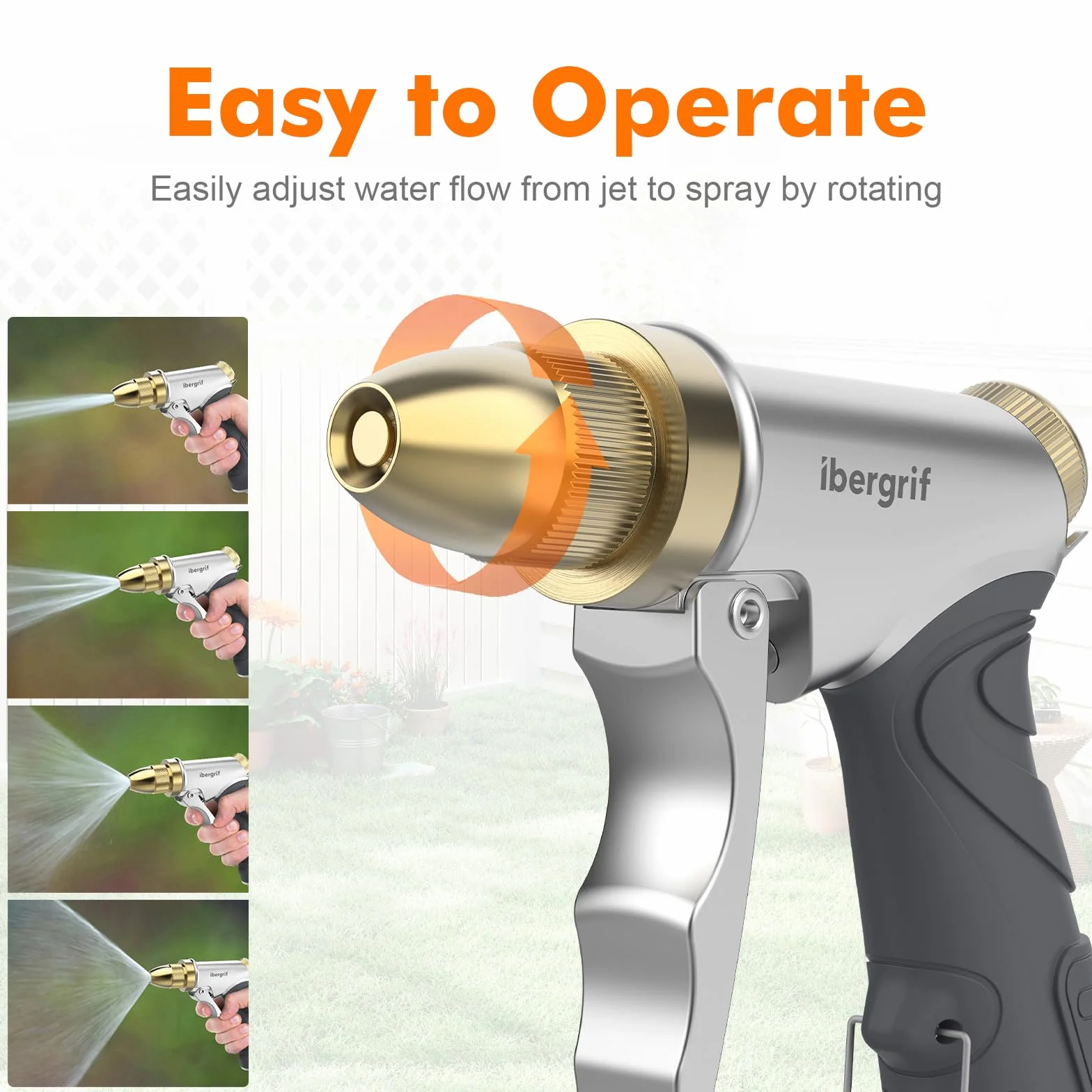 Ibergrif M20284 Pistola de Manguera de Jardín, Pistola de Agua a Presión con Boquilla de Latón, 4 Patrones de Riego