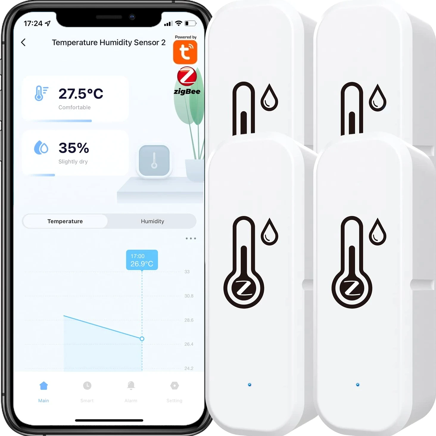 4x Sensor Termómetro Higrómetro Tuya Zigbee, con Grabación de Aplicación, Recordatorio de Batería Baja, Sensor de Termómetro Inteligente Funciona con Alexa, Tuya y Smart Life, para el Hogar, Bodega