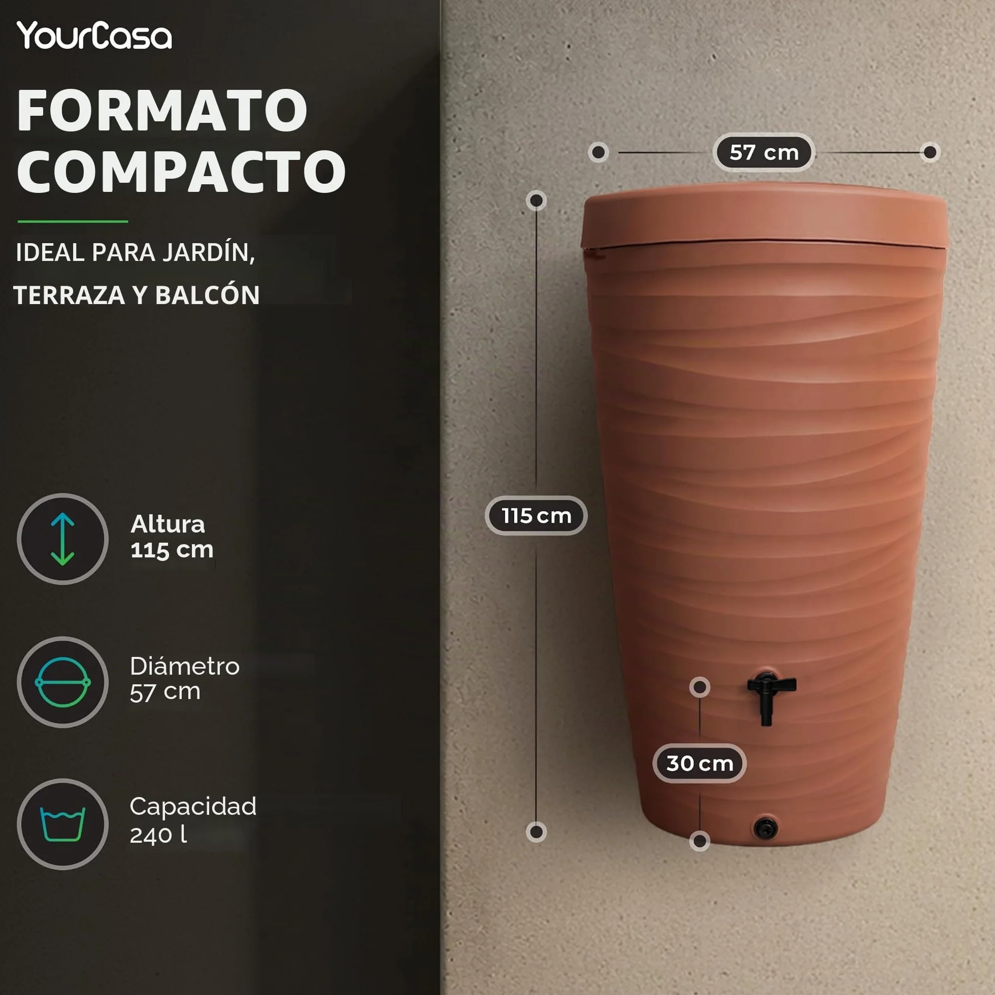 Recuperador de Agua de Lluvia 240 L Con Grifo Depósito de Plástico Diseño de Onda