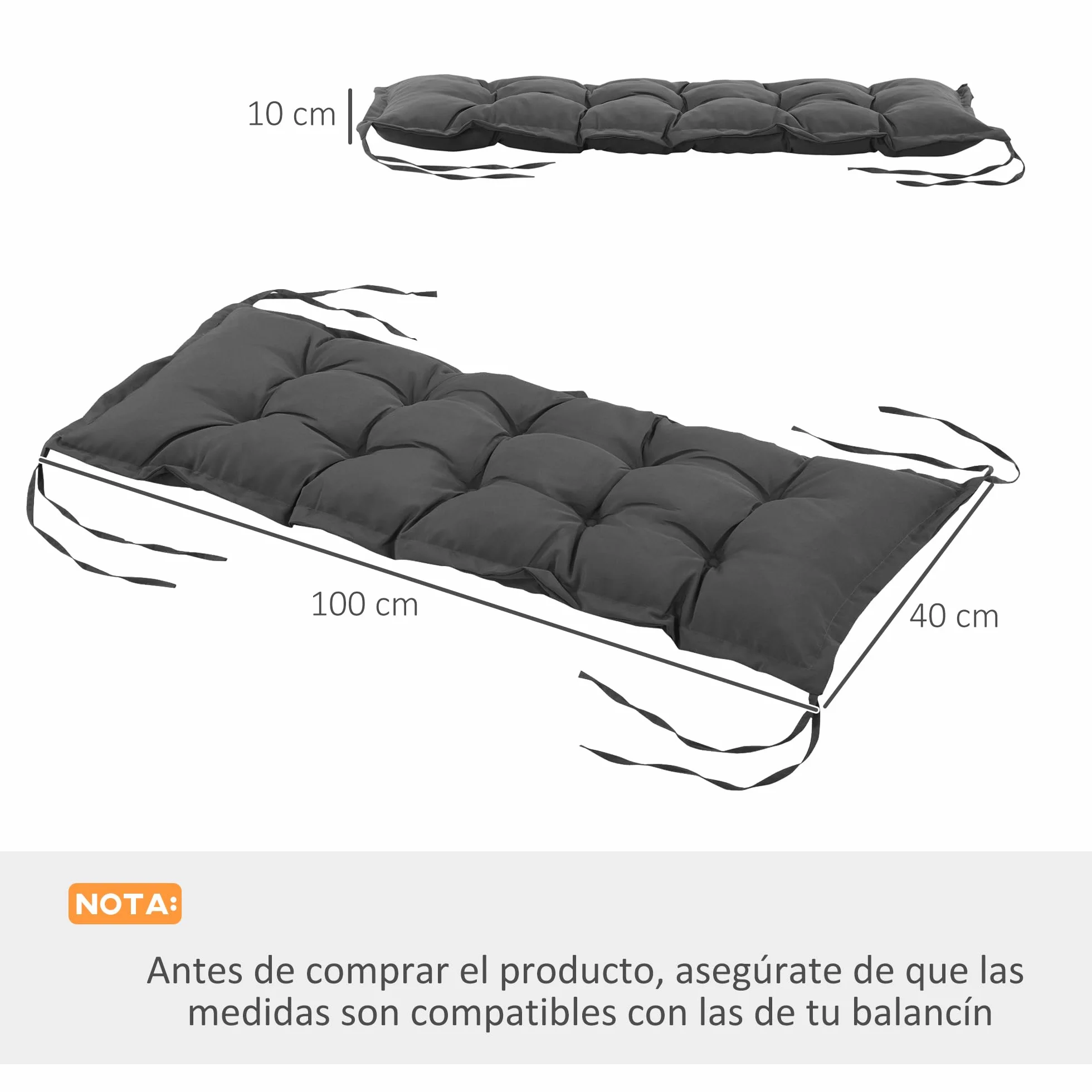 Outsunny Cojín para Banco de Jardín Acolchado 100x40x10 cm Cojín Rectangular para Interior y Exterior con Relleno Grueso y Cintas de Sujeción Gris Oscuro