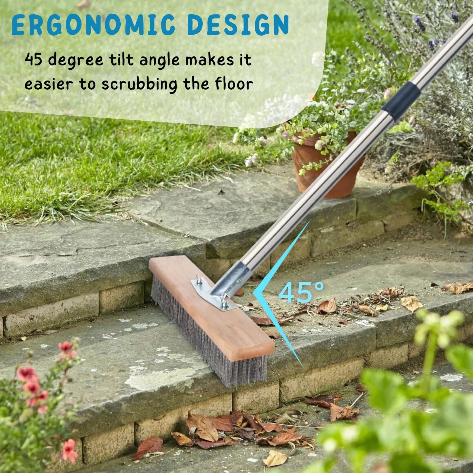 Cepillo de alambre de acero inoxidable con mango largo para cubierta, hormigón, limpieza de suelos de patio, escoba de cerdas de metal rígido resistente para eliminar musgo al aire libre