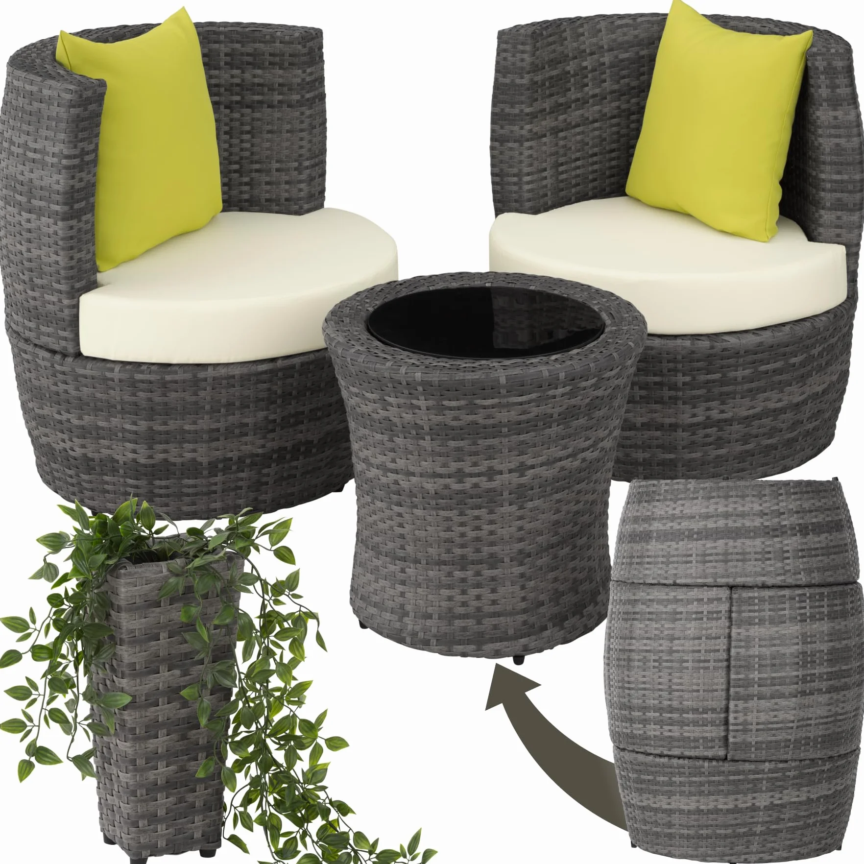 tectake® Conjunto Jardín Exterior de Ratán y Aluminio, Muebles Jardín Exterior Resistente a la Intemperie, 2 Sillas con Cojines, Mesa Cristal, Compacto, Asas en Respaldo Compacto - Gris