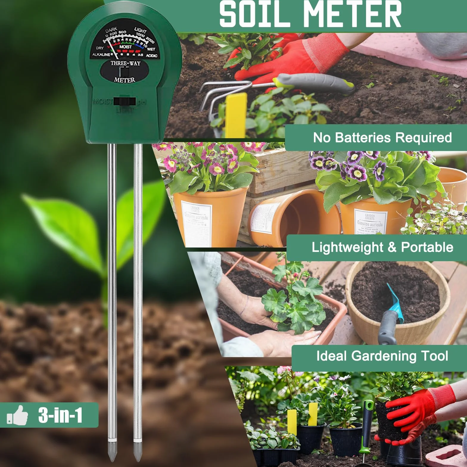 Medidor PH Tierra y Humedad Plantas, 3-en-1 Analizador de Suelo para Jardín, Sensor Verde Riego con Medición Fertilidad