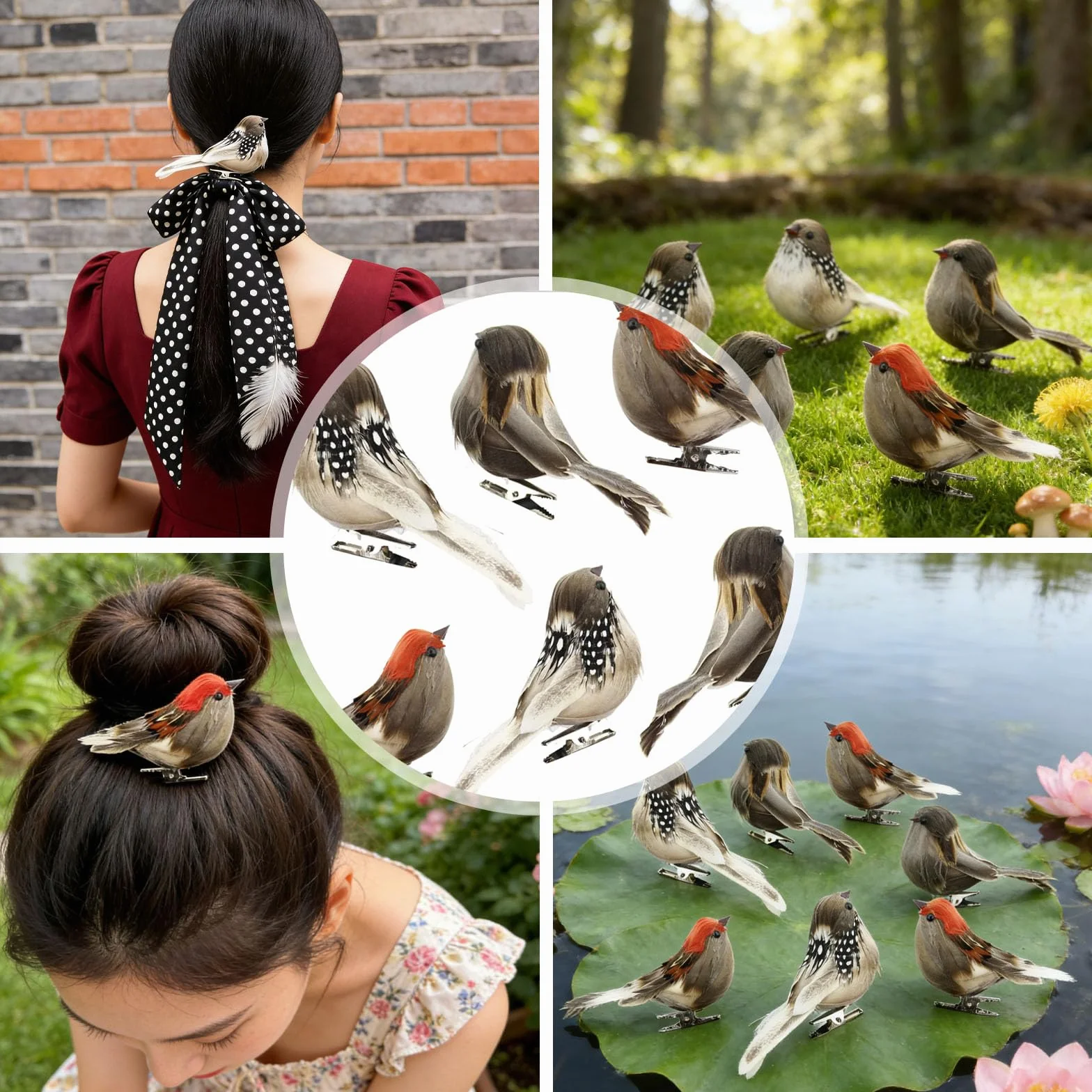 6pcs Pájaros Artificiales Pájaros Artificiales con Pinza Decorations de Jardín Hogar DIY Fiesta Boda Navideñas