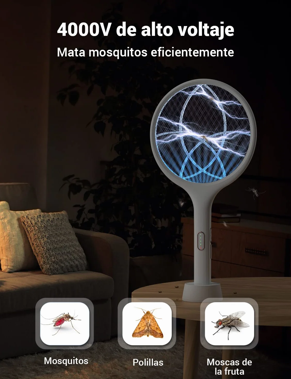 YISSVIC Raqueta Matamoscas Electrica 2 en 1 4000V Mata Mosquitos USB Recargable 1500mAh Blanco