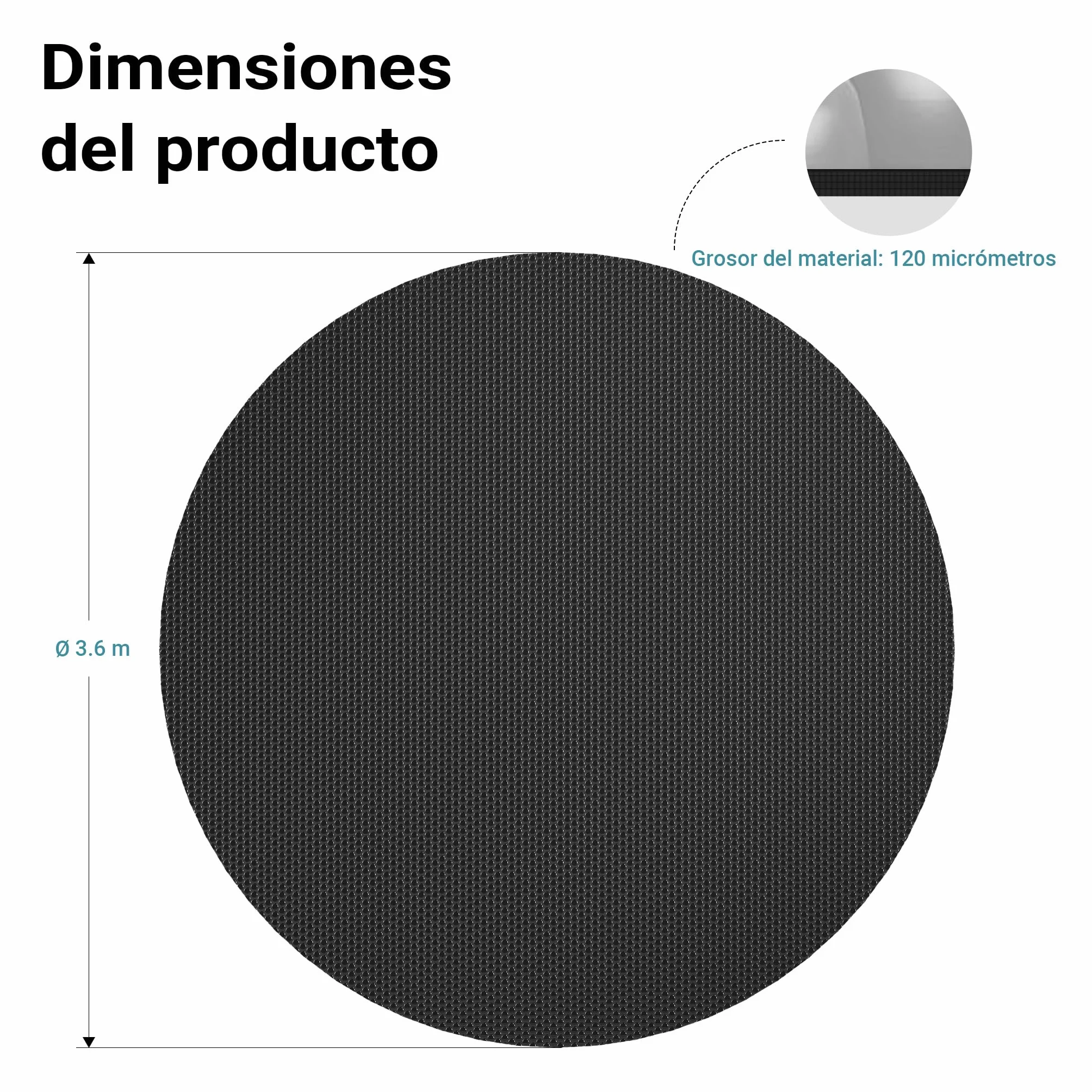 Wiltec Lona Solar para Piscina Ø 3,6 m Negra 120 µ Grosor Cubierta Redonda