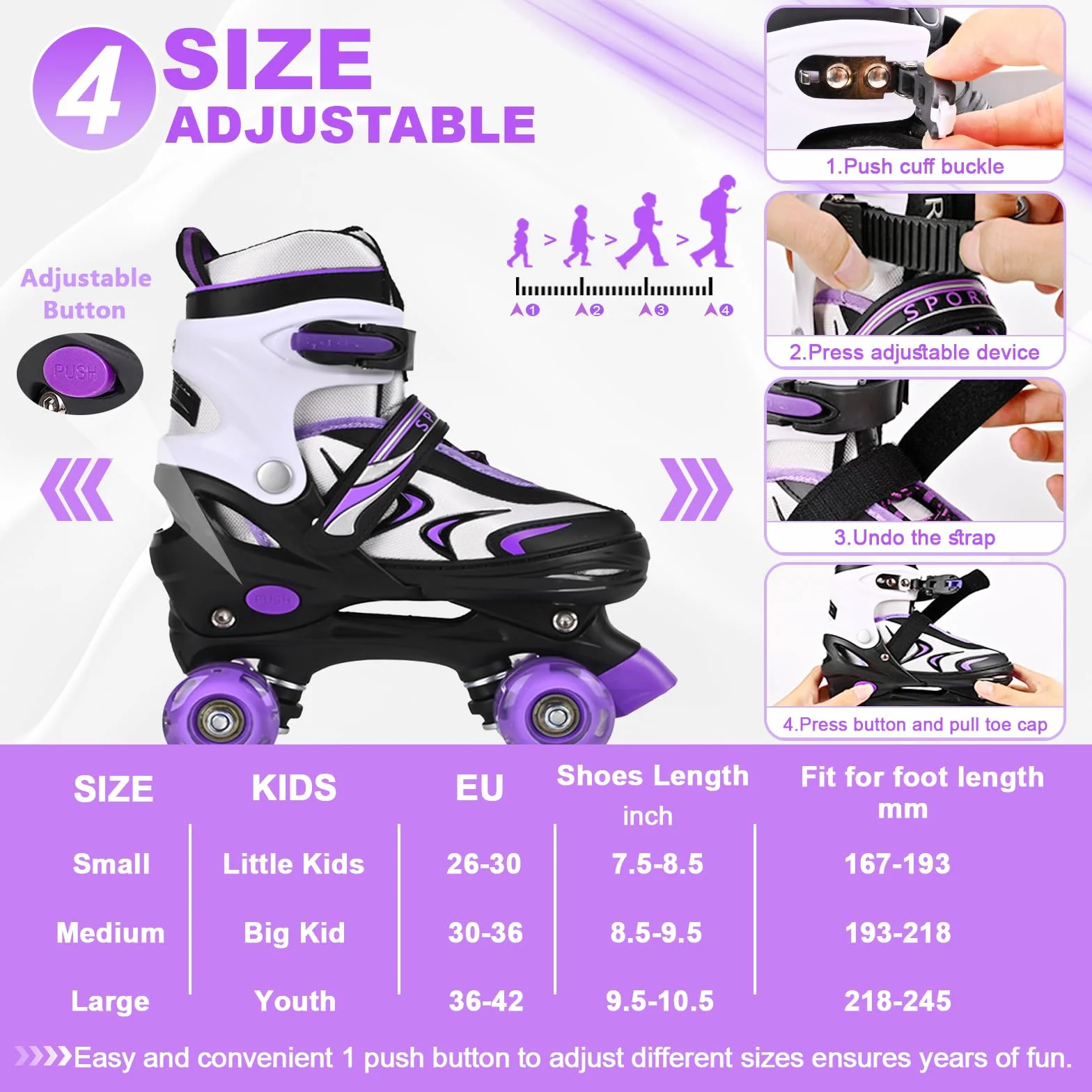 Patines Ajustables para Niños con Ruedas Luminosas, 4 Tamaños