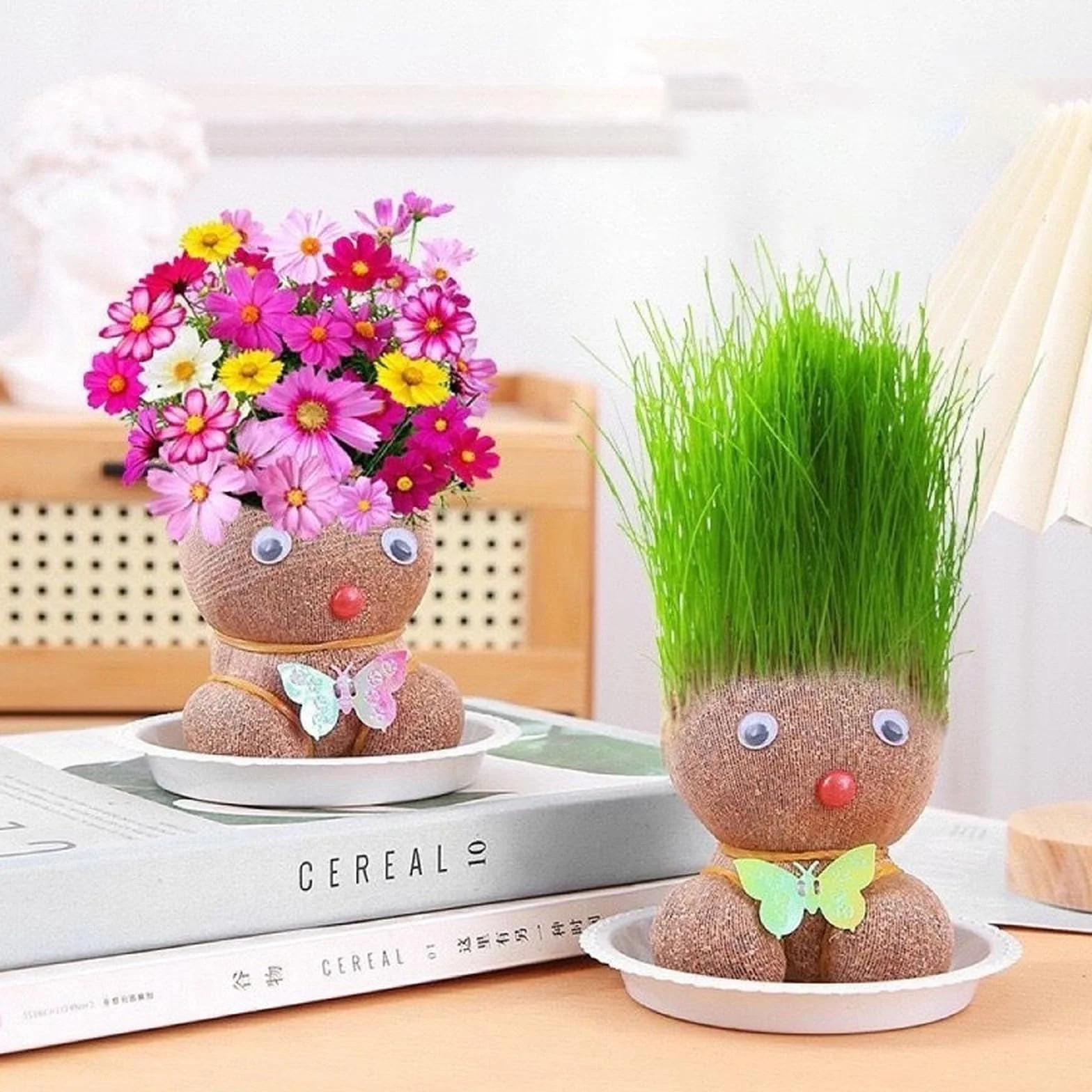 Maceta Cabeza de Muñeca Planta de Hierba con Bandeja, Set de 2, Plantas en Maceta para Niños