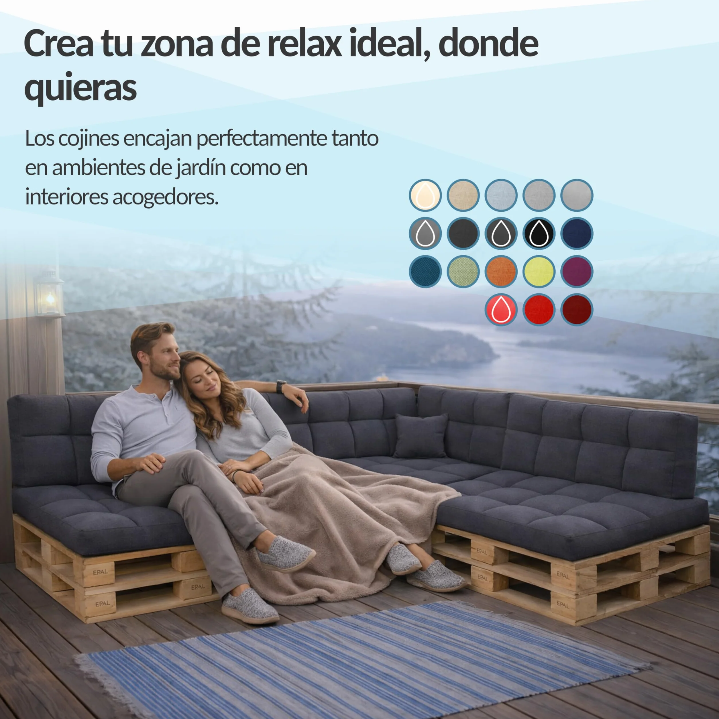 POKAR Set de 2 Cojines para Palets Impermeable 120x80 + 120x40 Gris Oeko-Tex