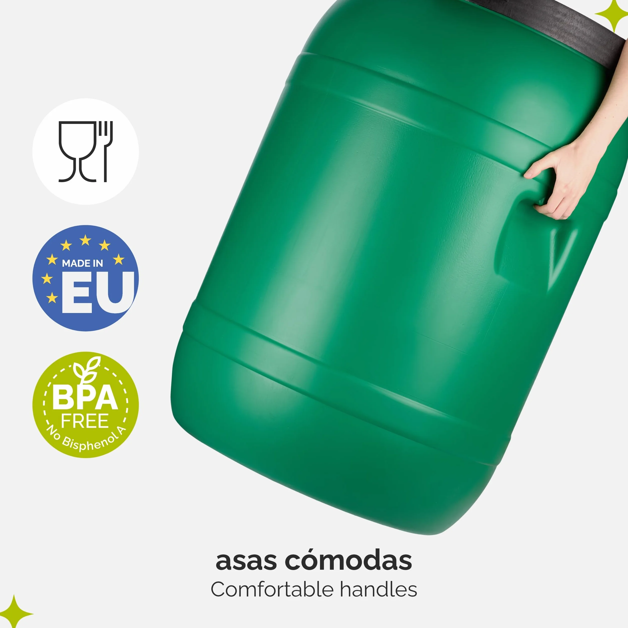 Bidón de plástico 250 litros HDPE sin BPA Barril alimentario boca ancha verde Garronda