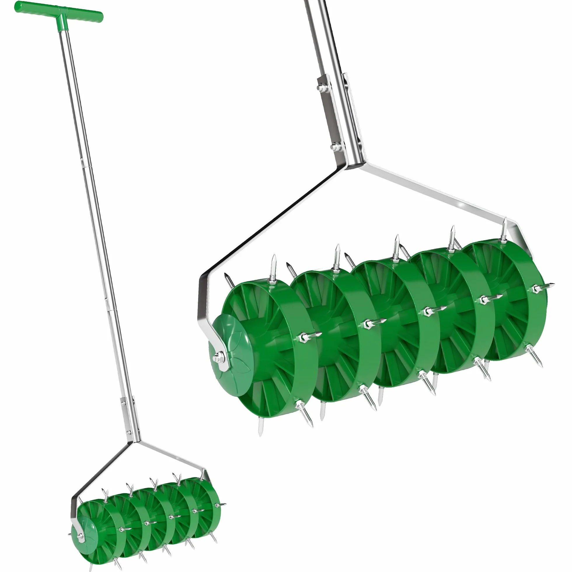 Outsunny aireador de césped rodante, Rodillo Manual para césped, aireador de jardín Resistente con Mango Desmontable de 3 Piezas y empuñadura con Barra en T, Herramienta de jardín para césped, Verde