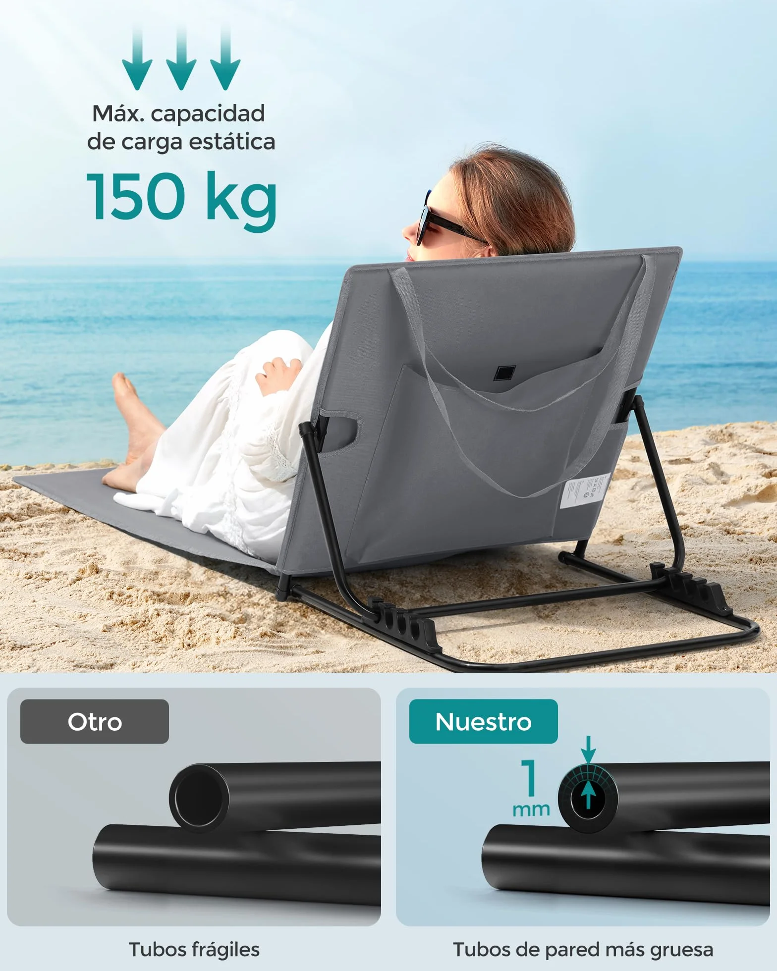 SONGMICS Juego de 2 Tumbonas de Playa, Respaldo Basculante, Portátil, 158x55 cm, Gris Pizarra