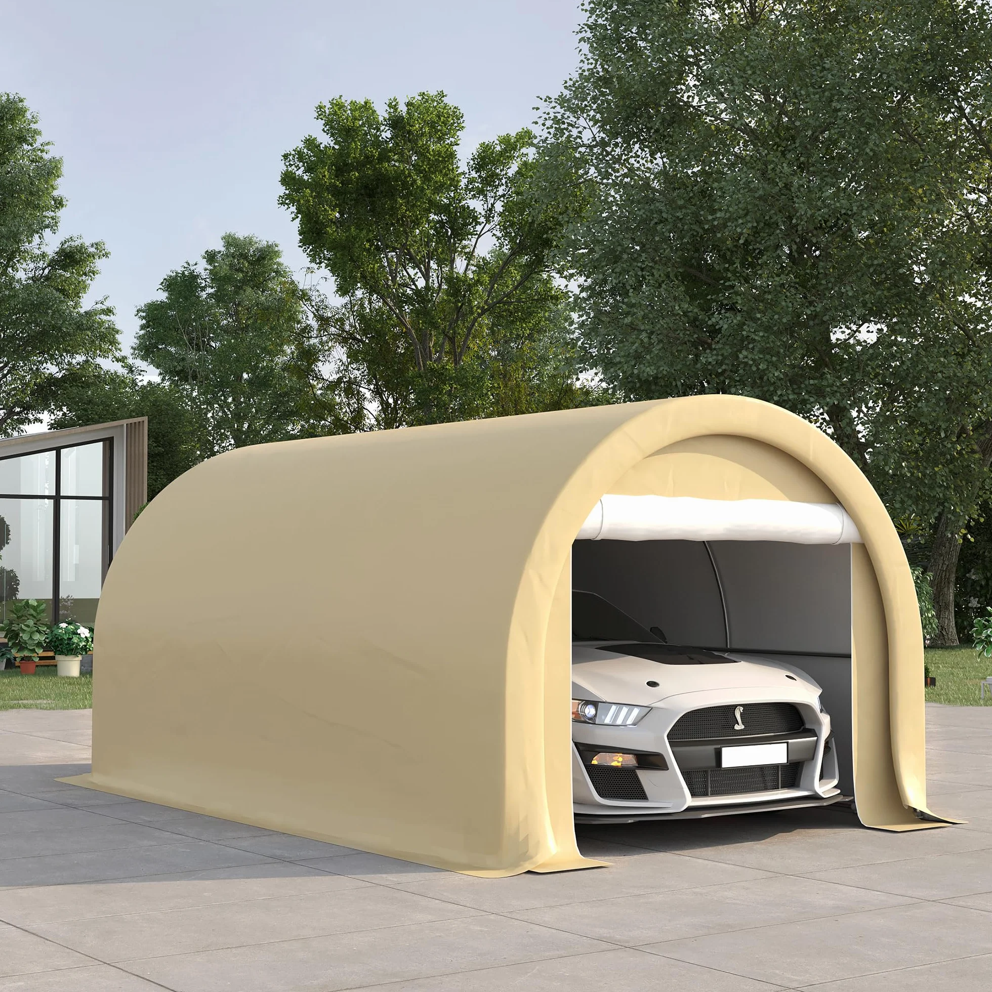 Outsunny Tente cochera 5L x 3l x 2,4H m Acero galvanizado PE Alta Densidad 190 g/m² Impermeable Anti-UV Beige