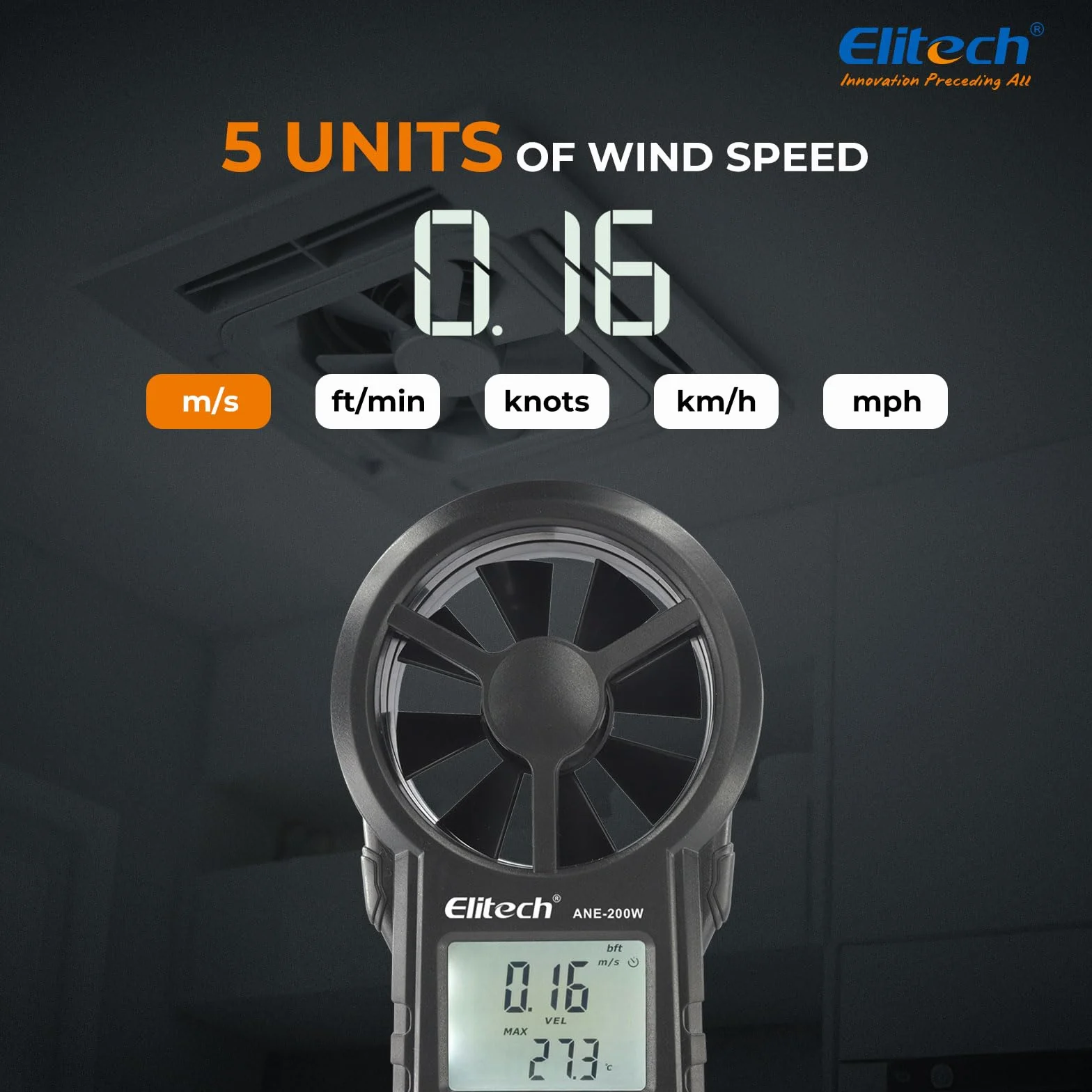 Elitech Anemómetro Digital ANE-200W Medidor Velocidad Viento Temperatura HVAC Flujo Aire CFM CMM Bluetooth USB