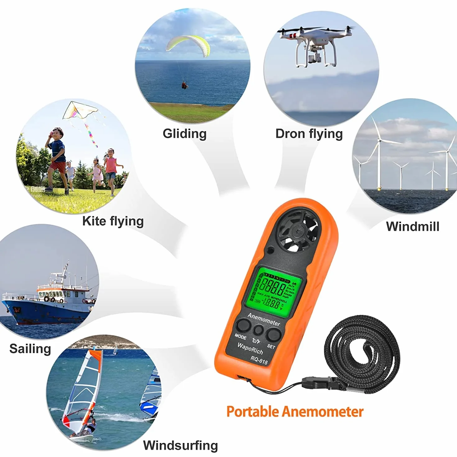 Anemómetro Mano RQ-818 Medidor Velocidad Viento Digital LCD Retroiluminada Temperatura Sensación Térmica Dron HVAC