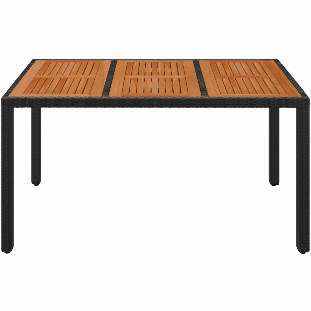 Mesa de jardín de ratán sintético negro 150 x 90 x 75 cm con tablero de madera de acacia maciza, mesa de jardín resistente al agua para terraza y jardín, marco de acero pulverizado