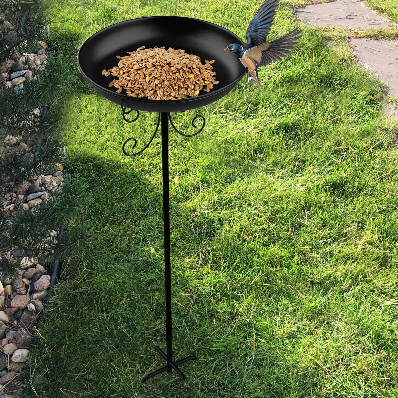 Comedero Pájaros Grande Metal con Soporte Exterior Altura Regulable 26x90 cm Negro