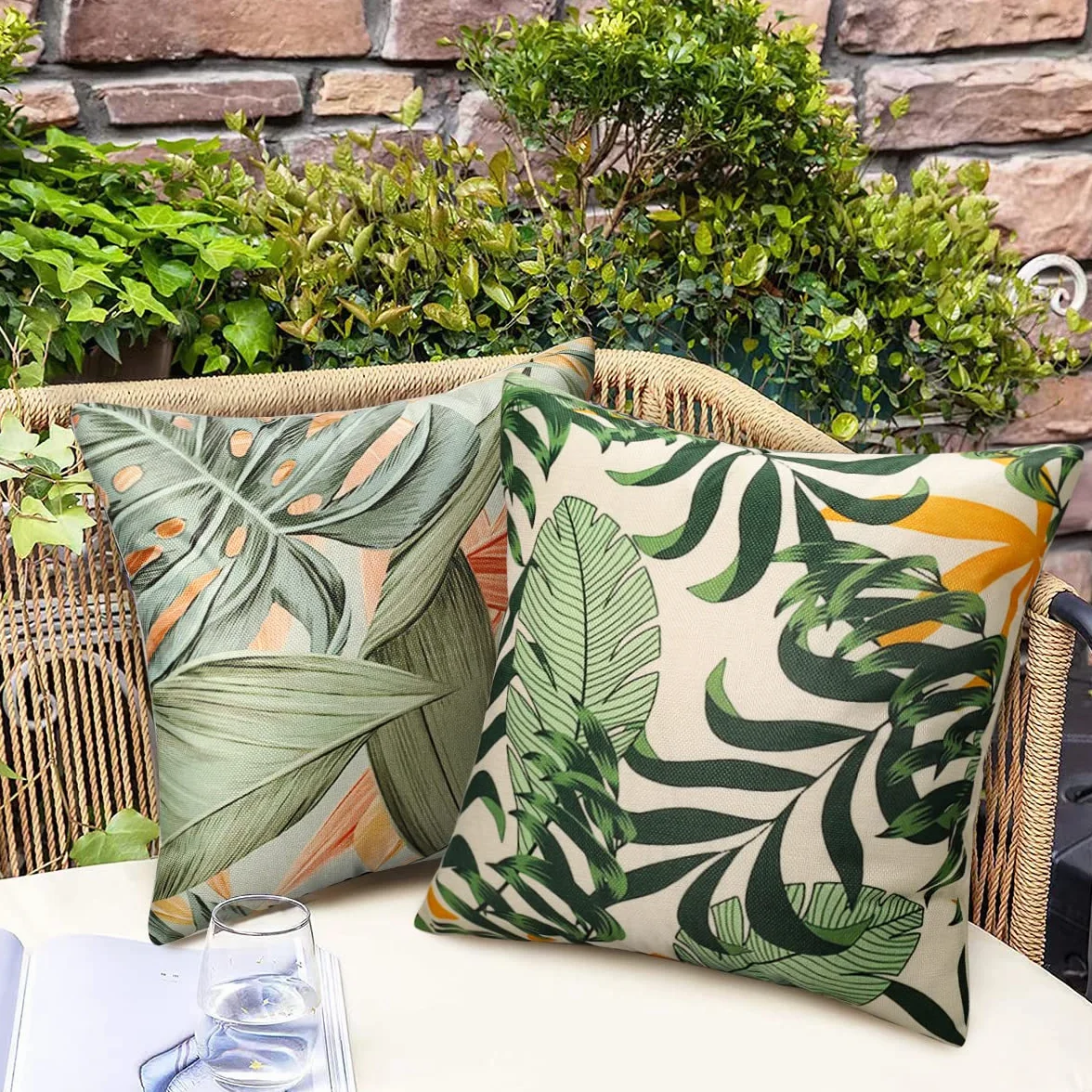 Fundas de Cojines Exterior 40x40cm Impermeable Plantas Tropicales Lino 4 Piezas