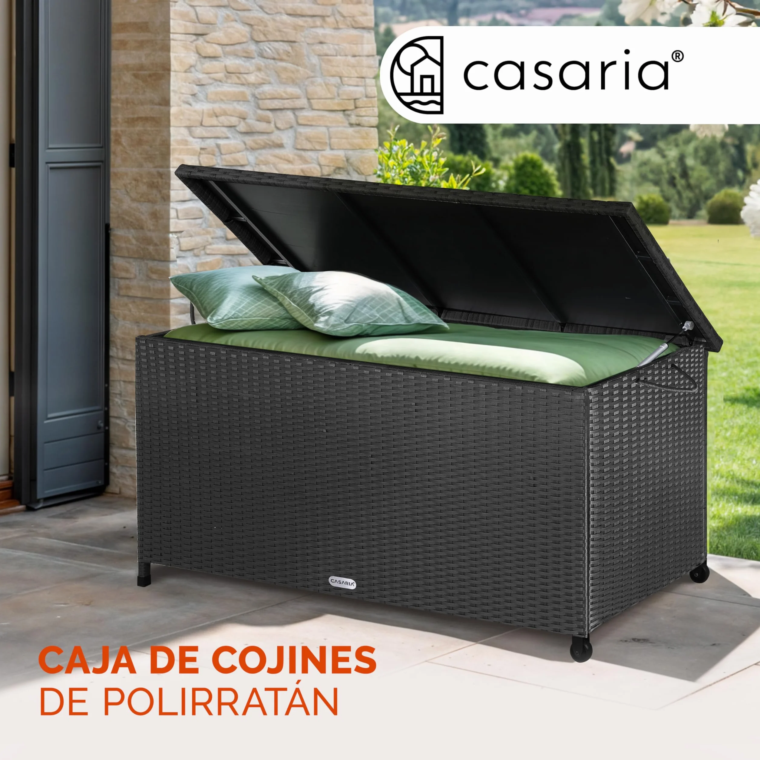 CASARIA Baúl de Almacenamiento Exterior XXL 270L 117x53x60cm Poliratán Negro 2 Ruedas
