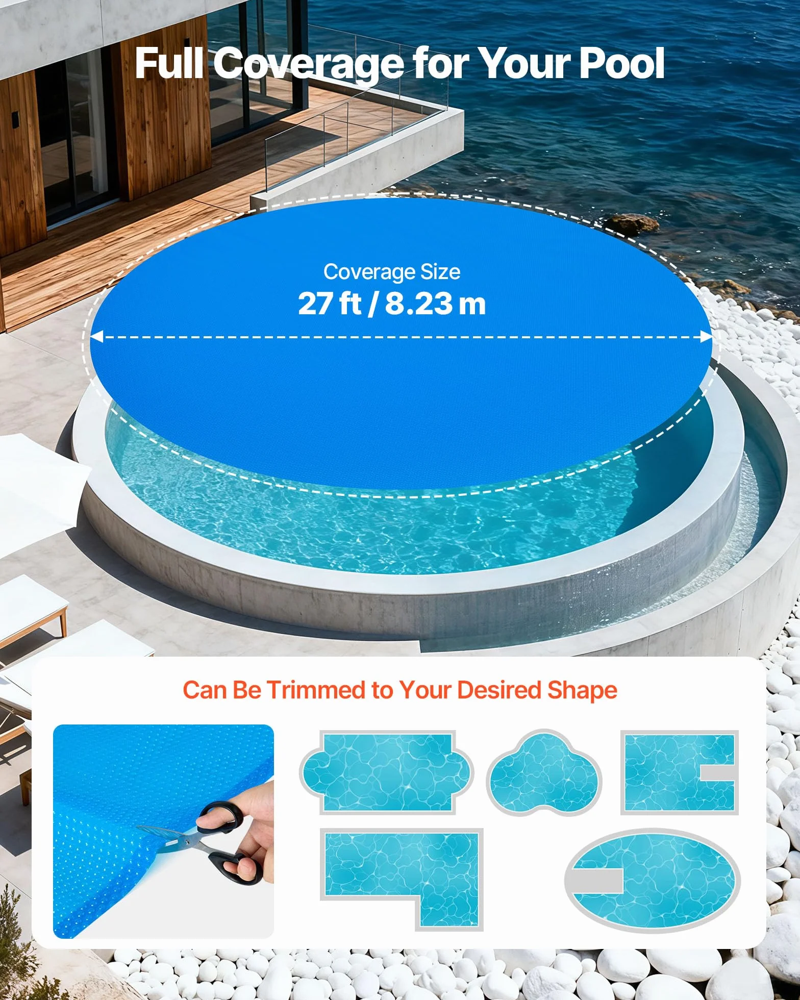 VEVOR Cubierta Solar Redonda para Piscina 8,23 m Diámetro 0,4 mm Azul Burbujas PE