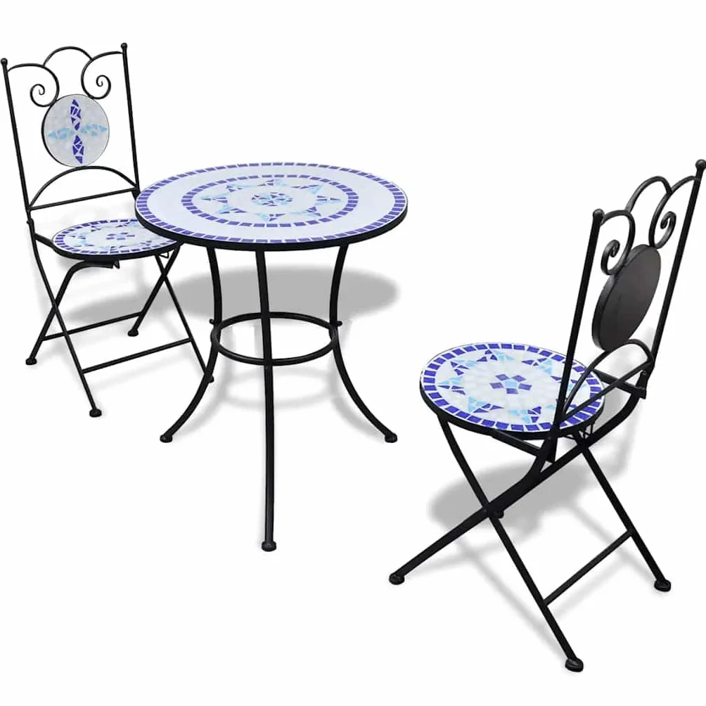 vidaXL Set Mesa Mosaico 60 cm y 2 sillas Azul Blanco