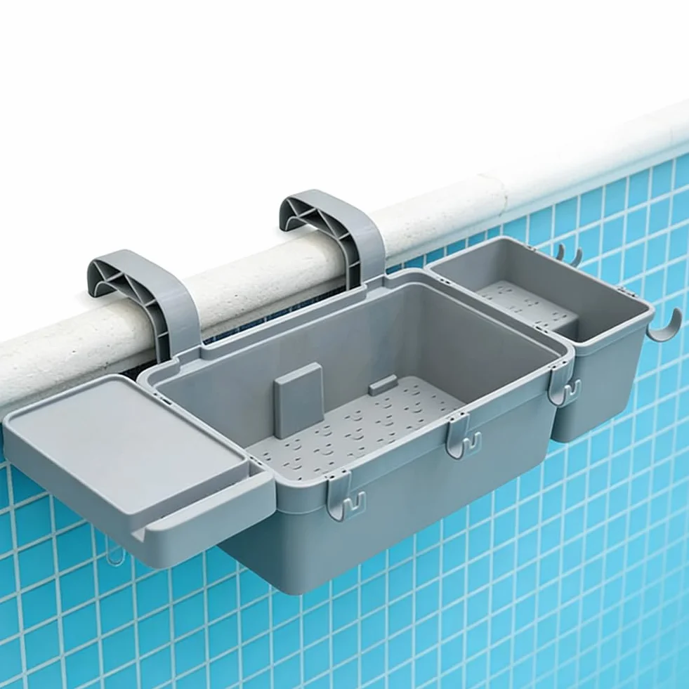 Juego de cesta de almacenamiento para piscina con soporte para bebidas y ganchos