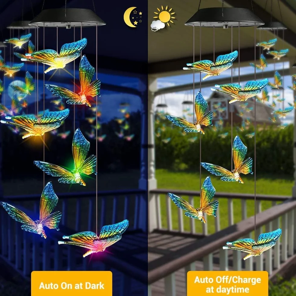 iShabao Mariposa Carillón de Viento Solar LED Impermeable Exterior Decoración Balcón (Azul)