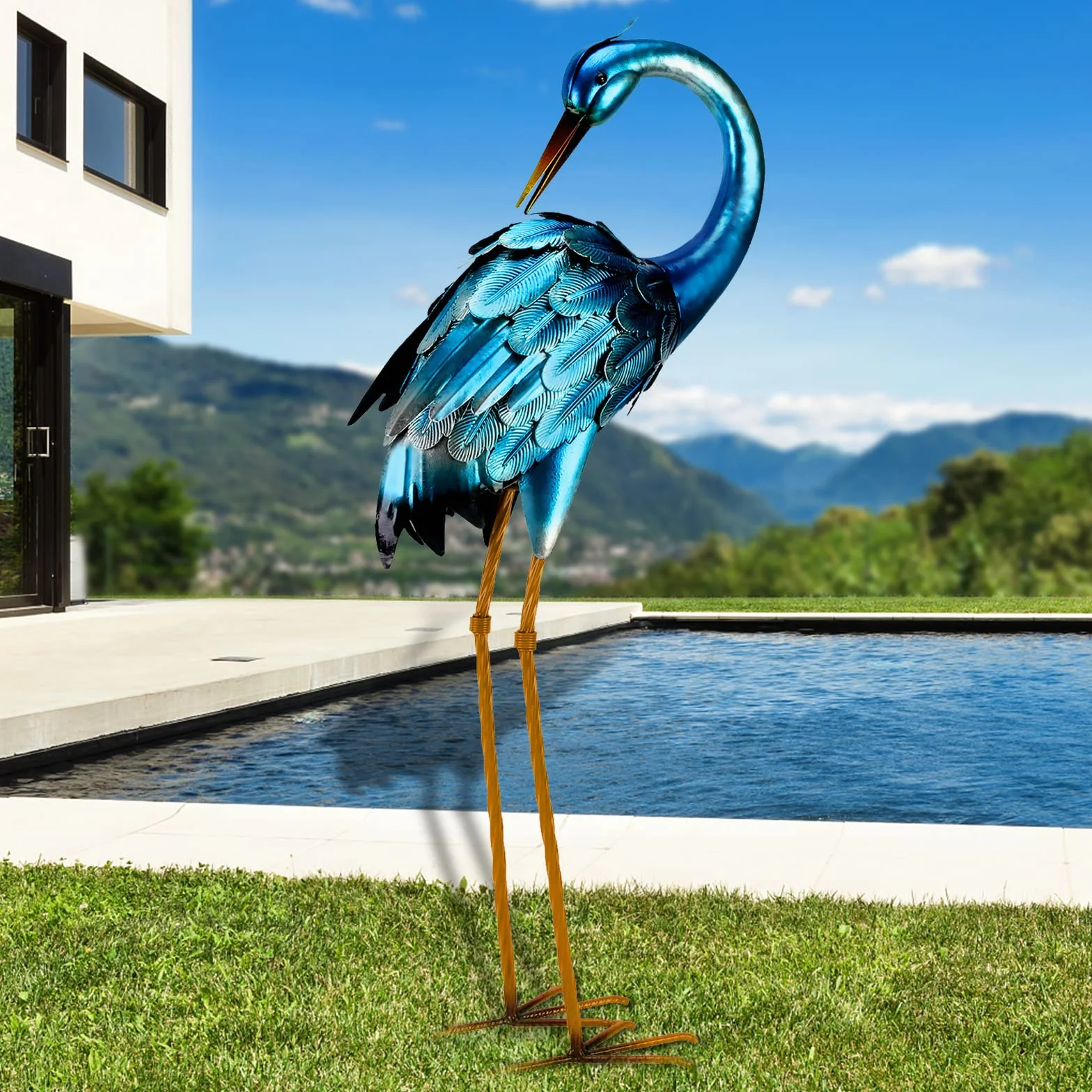 chisheen Estatua de Grulla de Metal para Jardín - Escultura de Garza Azul, Arte para Patio Exterior, Señuelo Grande de Garza, Adornos de Pájaros