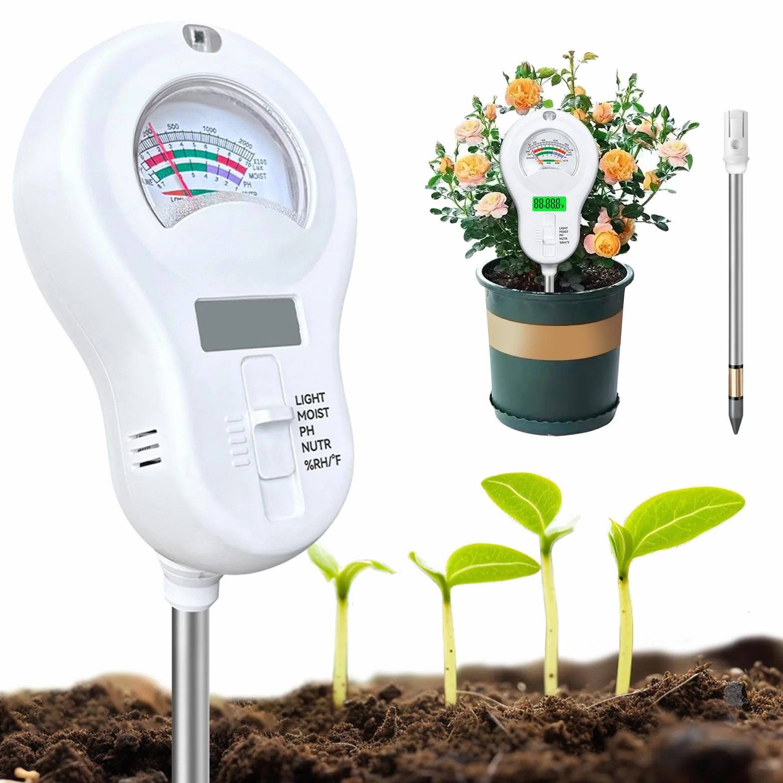 Shinybox Medidor de Suelo 6 en 1, Medidor de Humedad de Plantas con 2 Sondas Extraíbles, Fertilidad, pH, Temperatura, Sol, Humedad Ambiental para Jardín