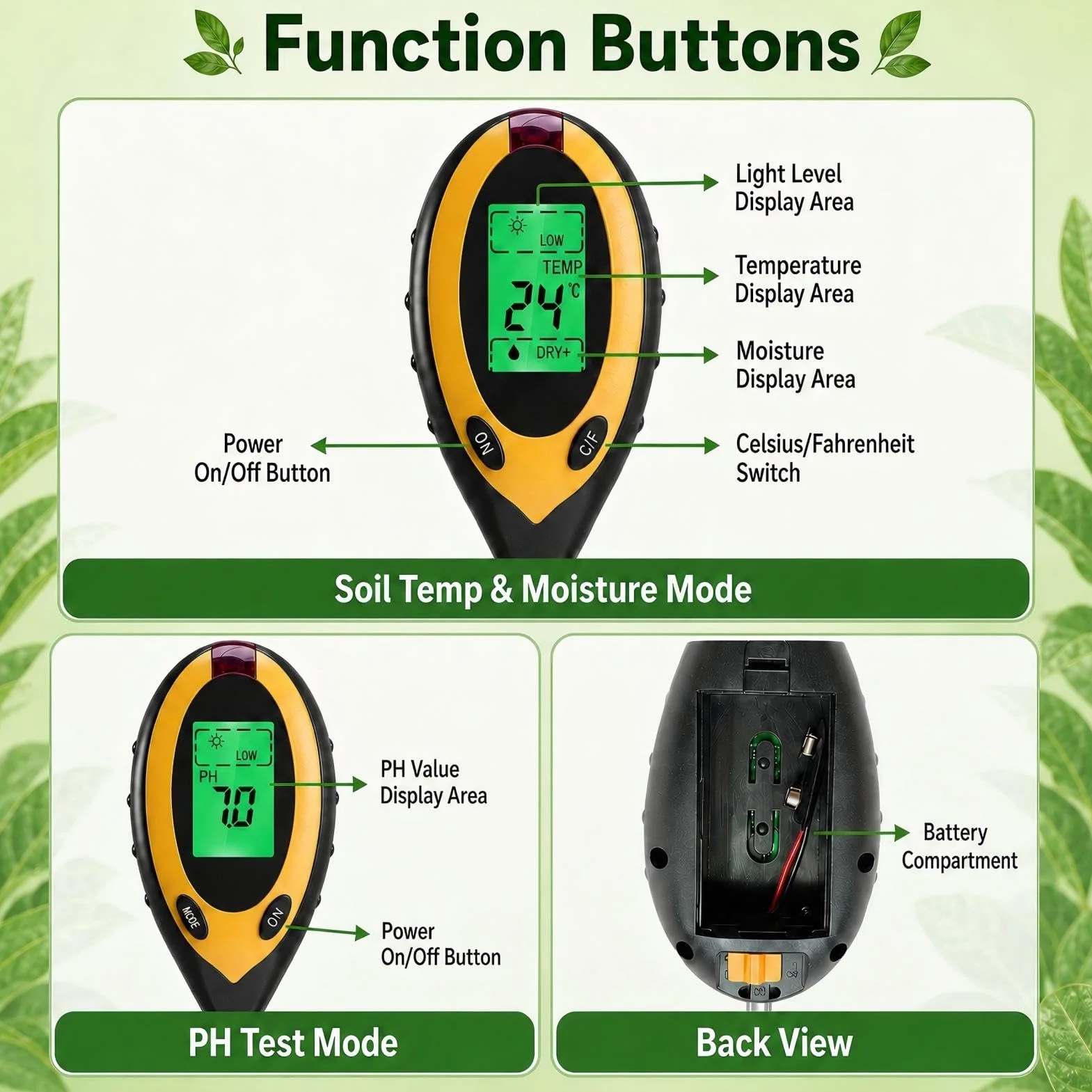 Medidor Humedad Plantas 4 en 1 Digital LCD, Medidor pH Tierra, Humedad Temperatura Luz, Suelo Jardín Huerto
