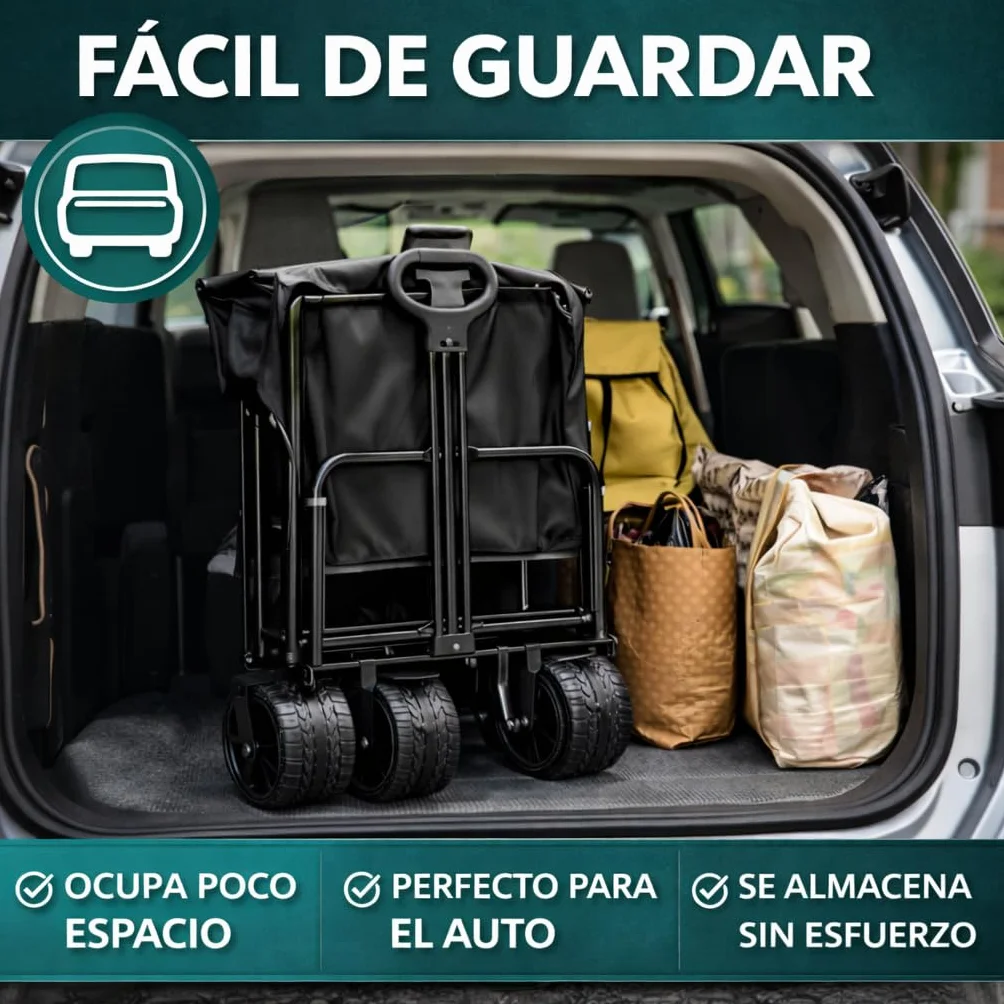 Carro de Mano Plegable con Ruedas Grandes Todoterreno 150kg Asa Ajustable Multiusos