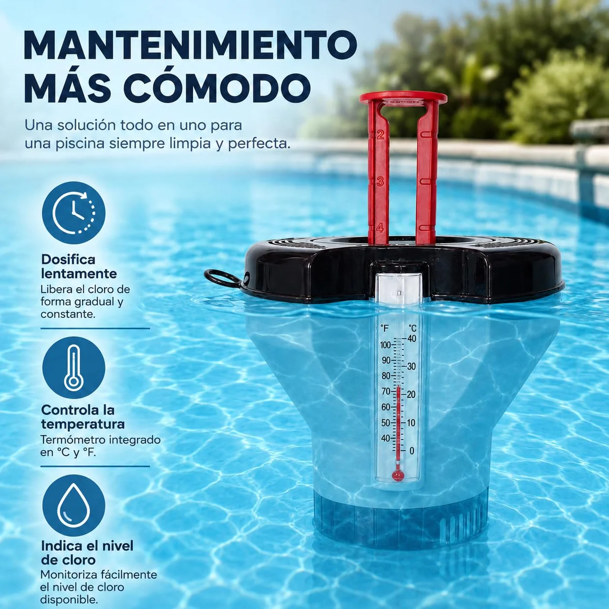 Dosificador de Pastillas de Cloro con Termómetro Integrado y Avisador, Flotador para Piscina con Indicador de Temperatura (Grande Pastillas de 200 Gramos)
