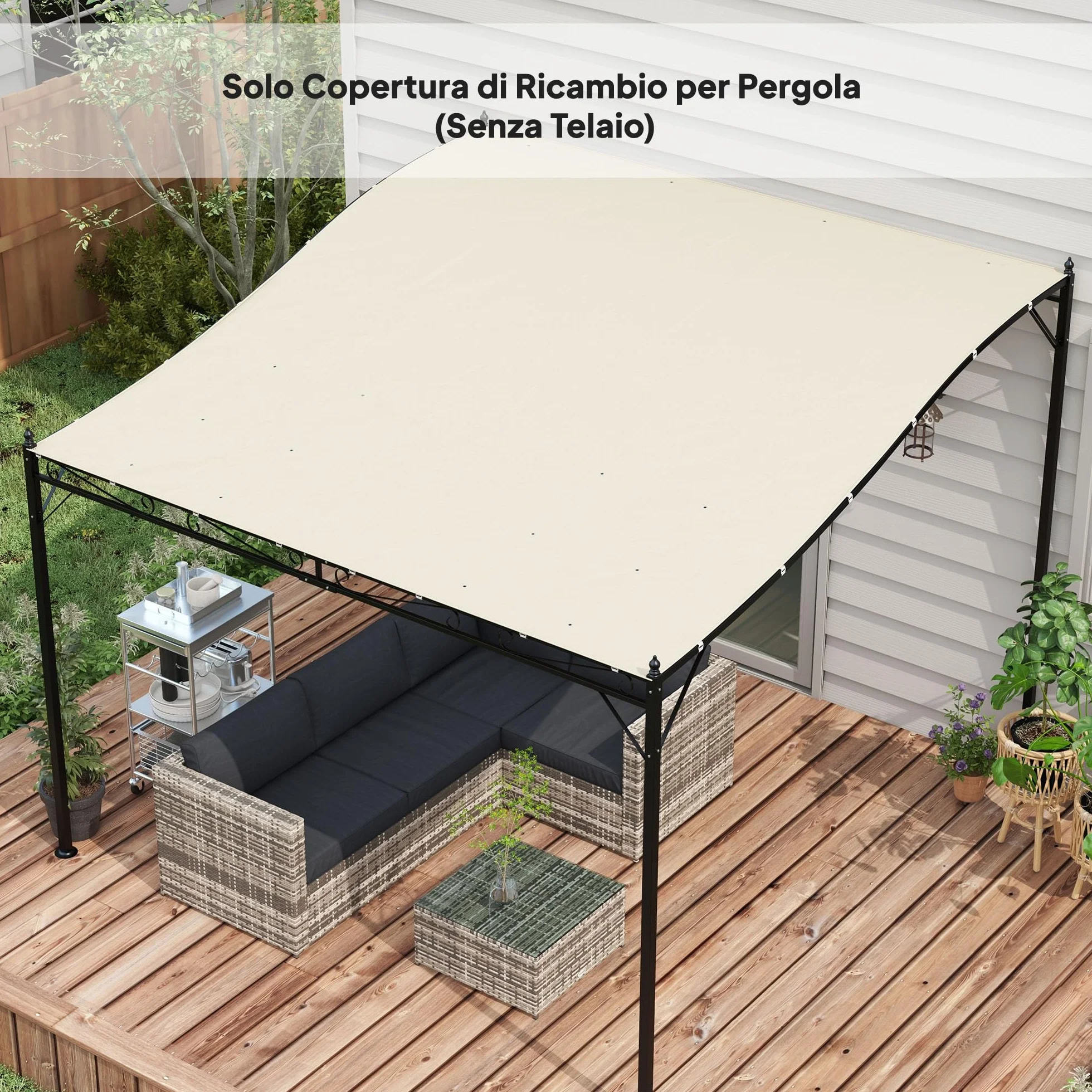 Outsunny Lona de Recambio para pérgola de jardín 3x3 m con 16 Agujeros de Drenaje, Ganchos y Anillas, Cubierta de poliéster para pérgola de Gazebo, Beige
