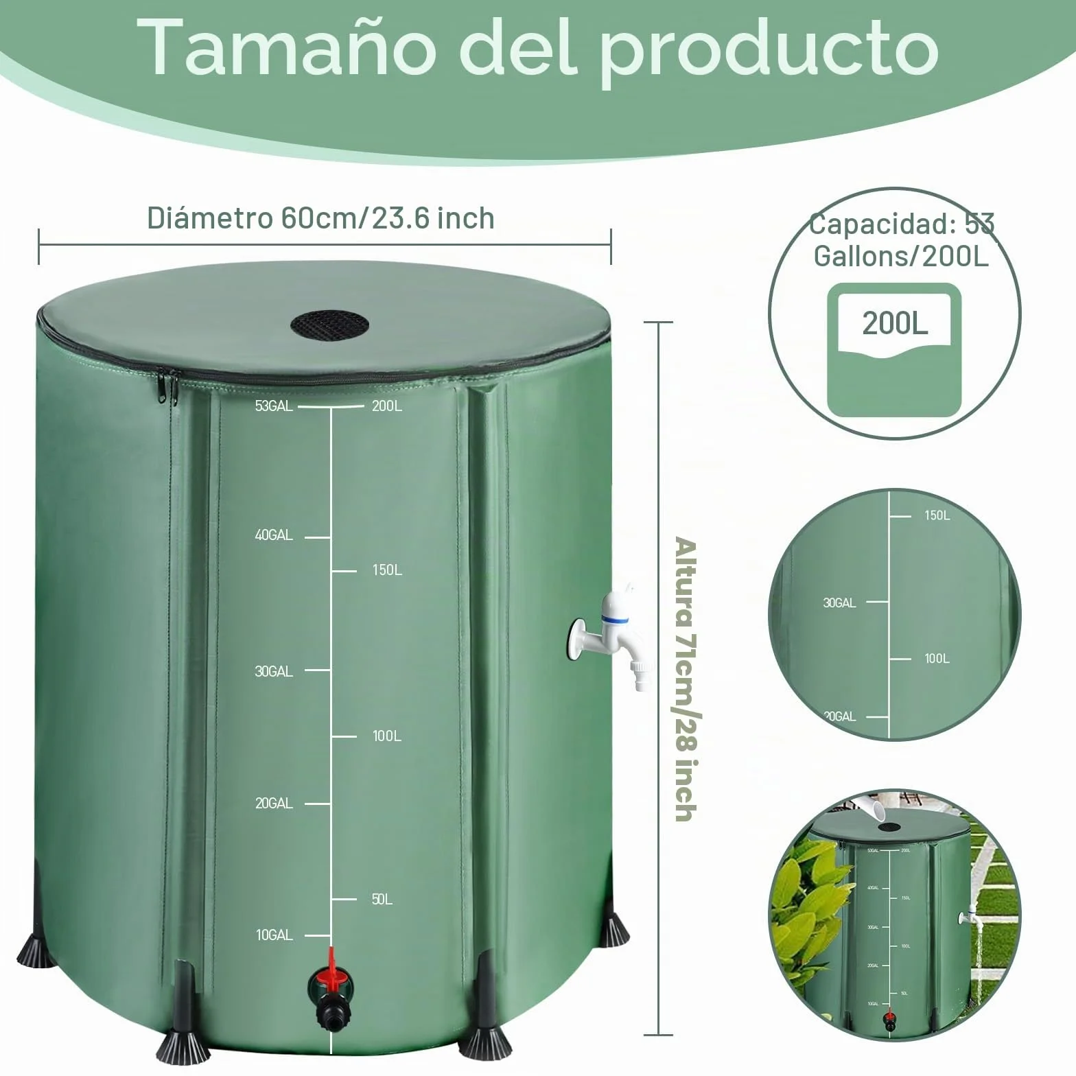 Barril de lluvia plegable 53 galones 200 L Oxford 1000D con kit de recogida