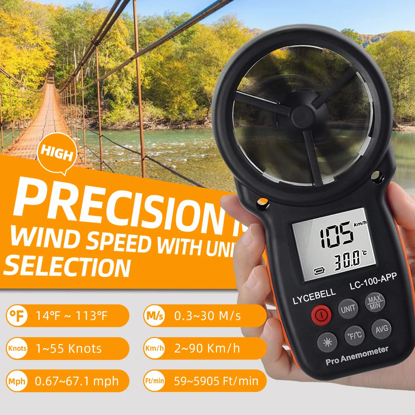 Anemómetro Digital de Mano LC-100-APP Bluetooth Medidor de Velocidad del Viento Temperatura