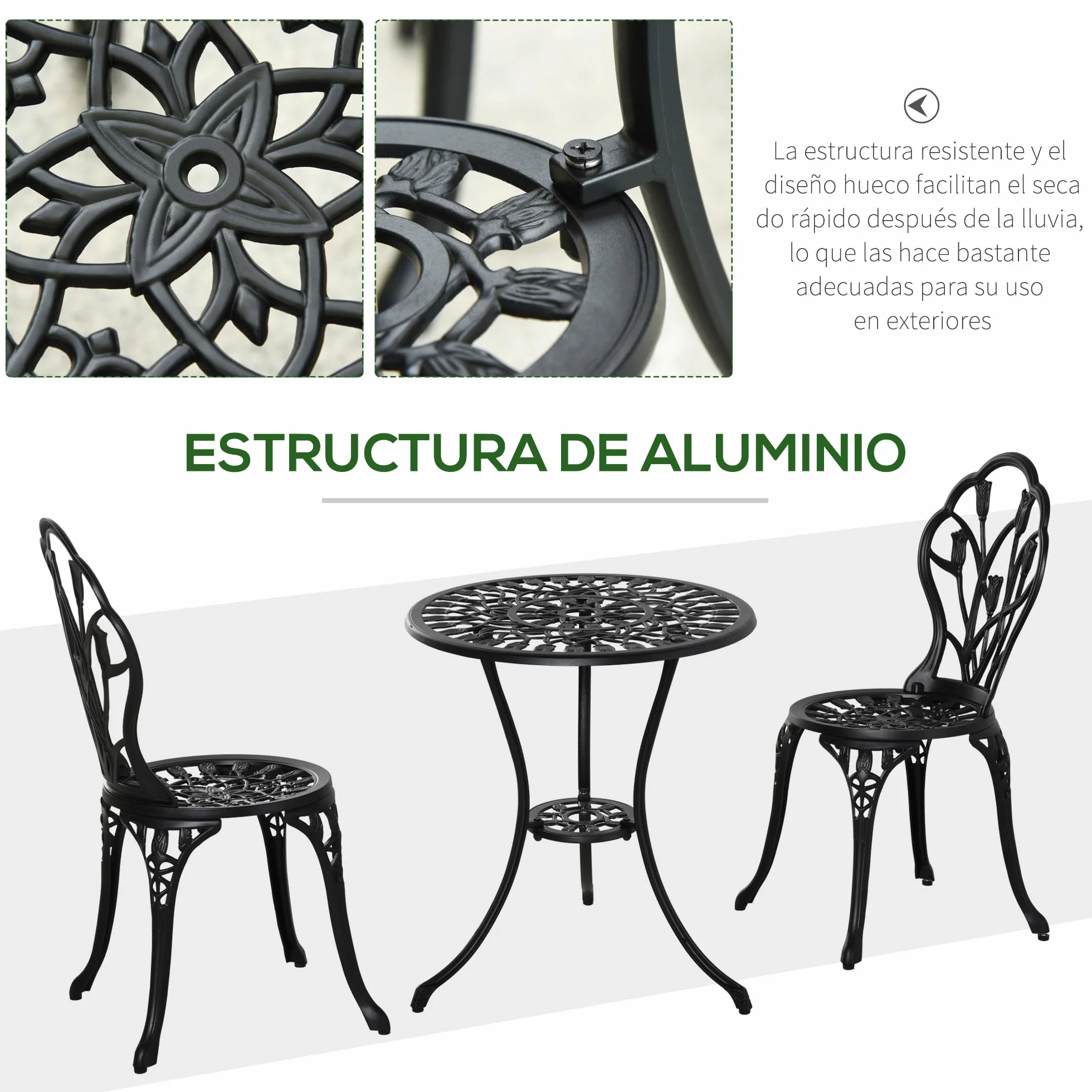 Outsunny Conjunto de Mesa y Sillas de Terraza Exterior de Aluminio de 3 Piezas Muebles de Jardín con Respaldo con Patrón de Tulipán y Mesa con Orificio para Sombrilla Negro