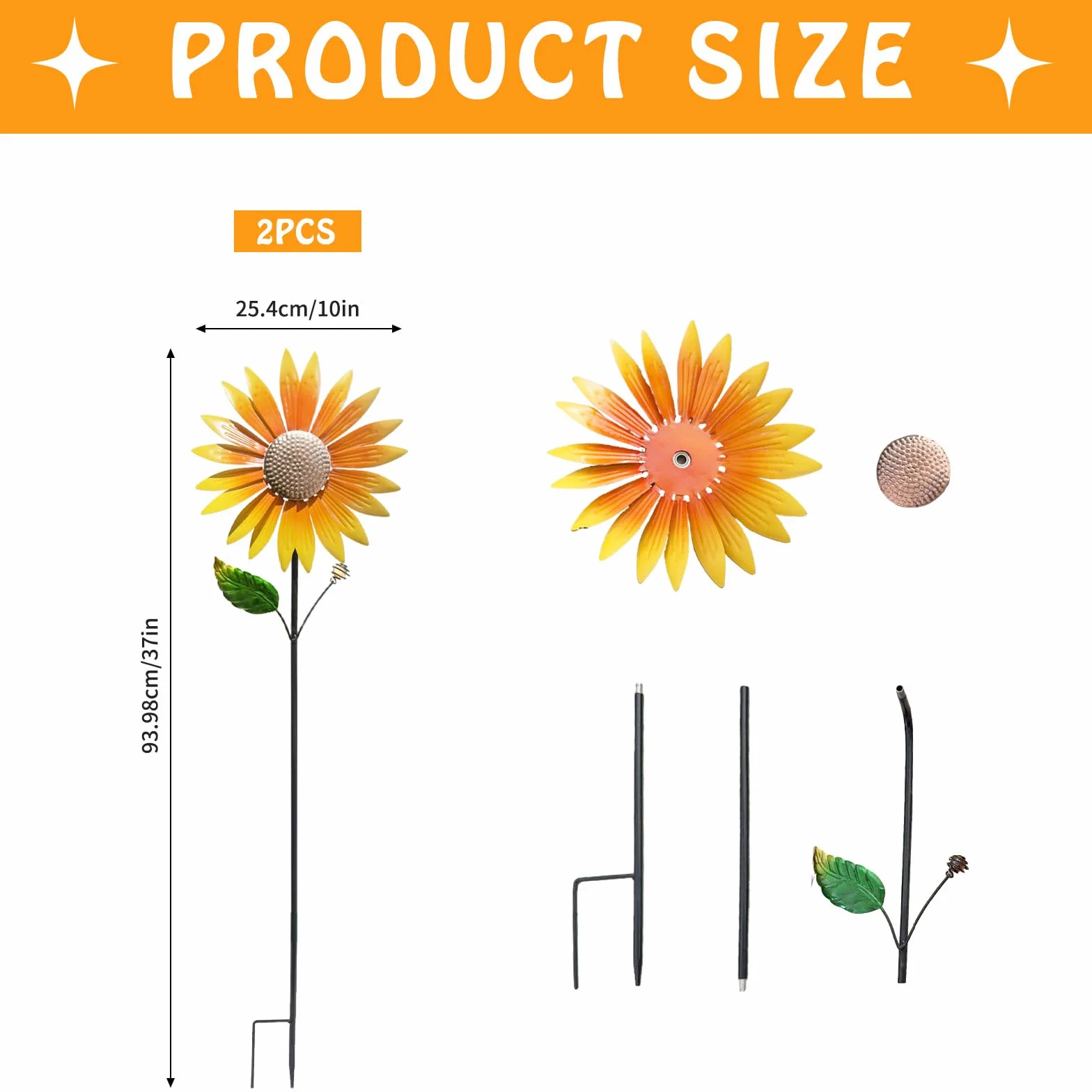 Molino de Viento de Girasol, 2 Piezas, Metal, Adornos de Jardín, Estacas Decorativas
