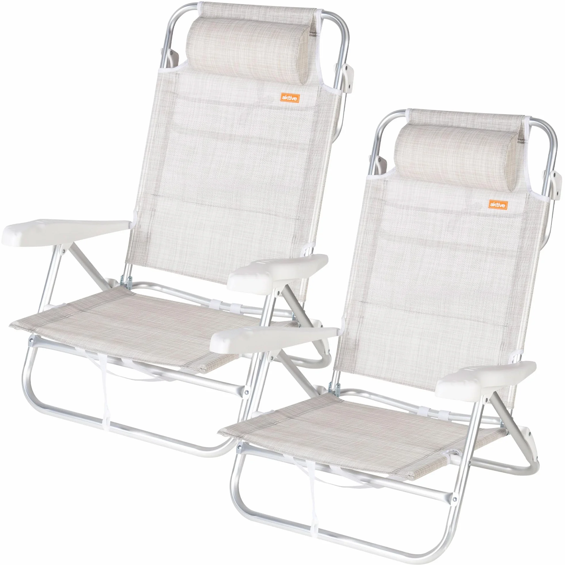 AKTIVE Pack 2 Sillas de Playa Bajas multiposición 47x49x82 cm, Respaldo reclinable, 8 Posiciones, Tejido Transpirable, Reposacabezas, hasta 110 kg, Plegables con asa, Beige (85533)