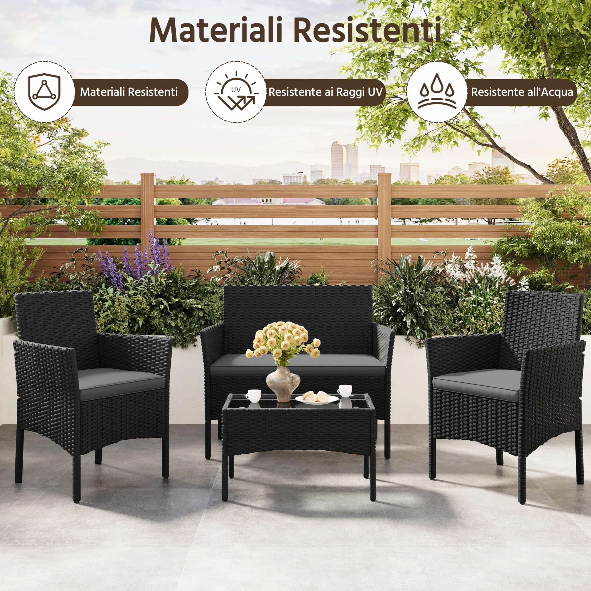 Yaheetech Conjunto Jardín 4 Piezas Muebles Ratán Exterior con Sofá 2 Plazas, Sillones, Cojines y Mesa Vidrio Negro/Gris