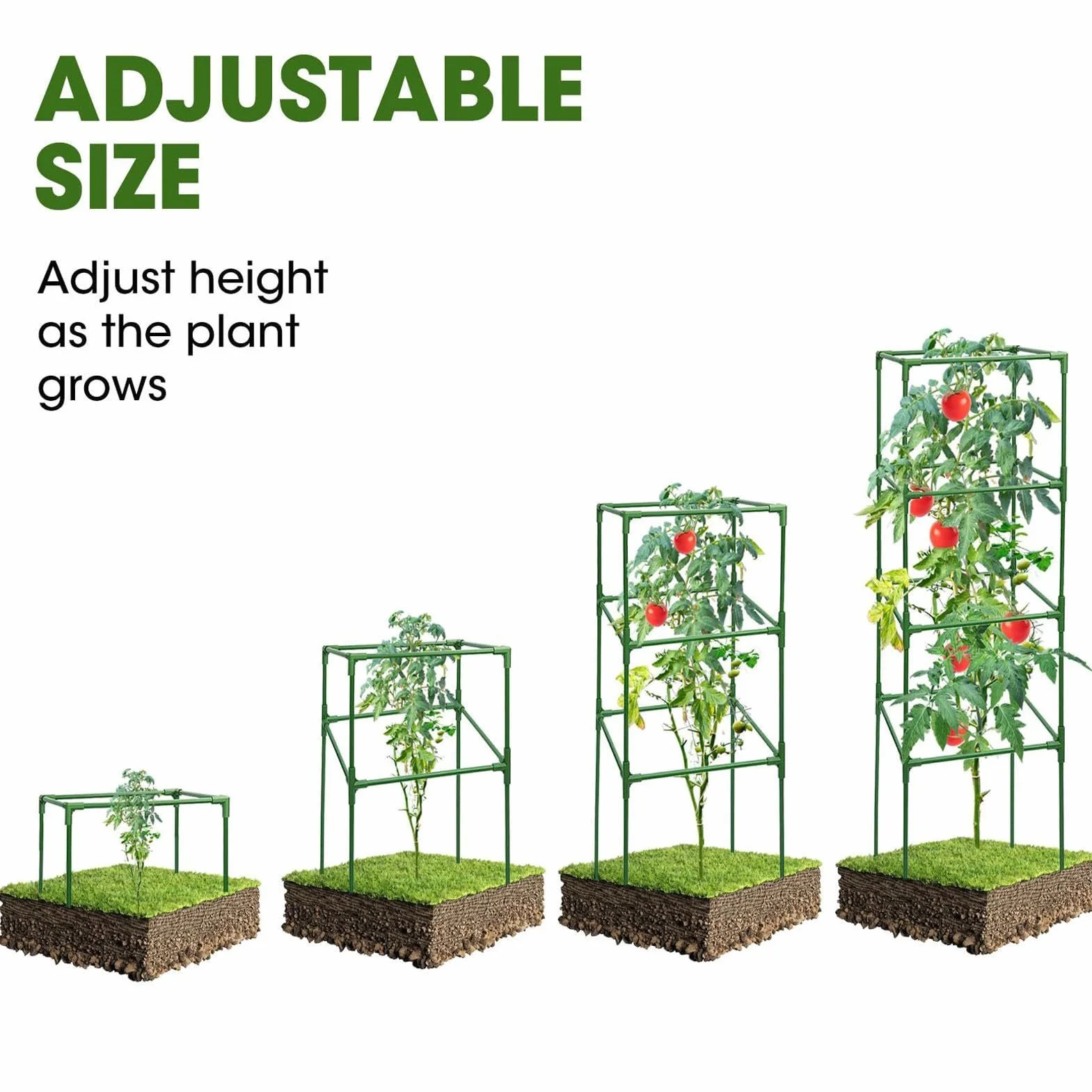 Entutorado para Tomates Soporte Cuadrado Ajustable en Altura de 3 Piezas | Tutor de Plantas Resistente para Judías Pepinos Verduras Rosas Peonías Macetas Bancal Elevado Jardín Patio Césped