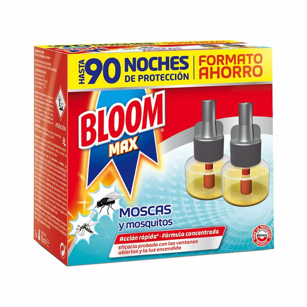 Bloom Max Eléctrico Líquido Recambio Doble pack de 2 insecticida antimosquitos 90 noches protección