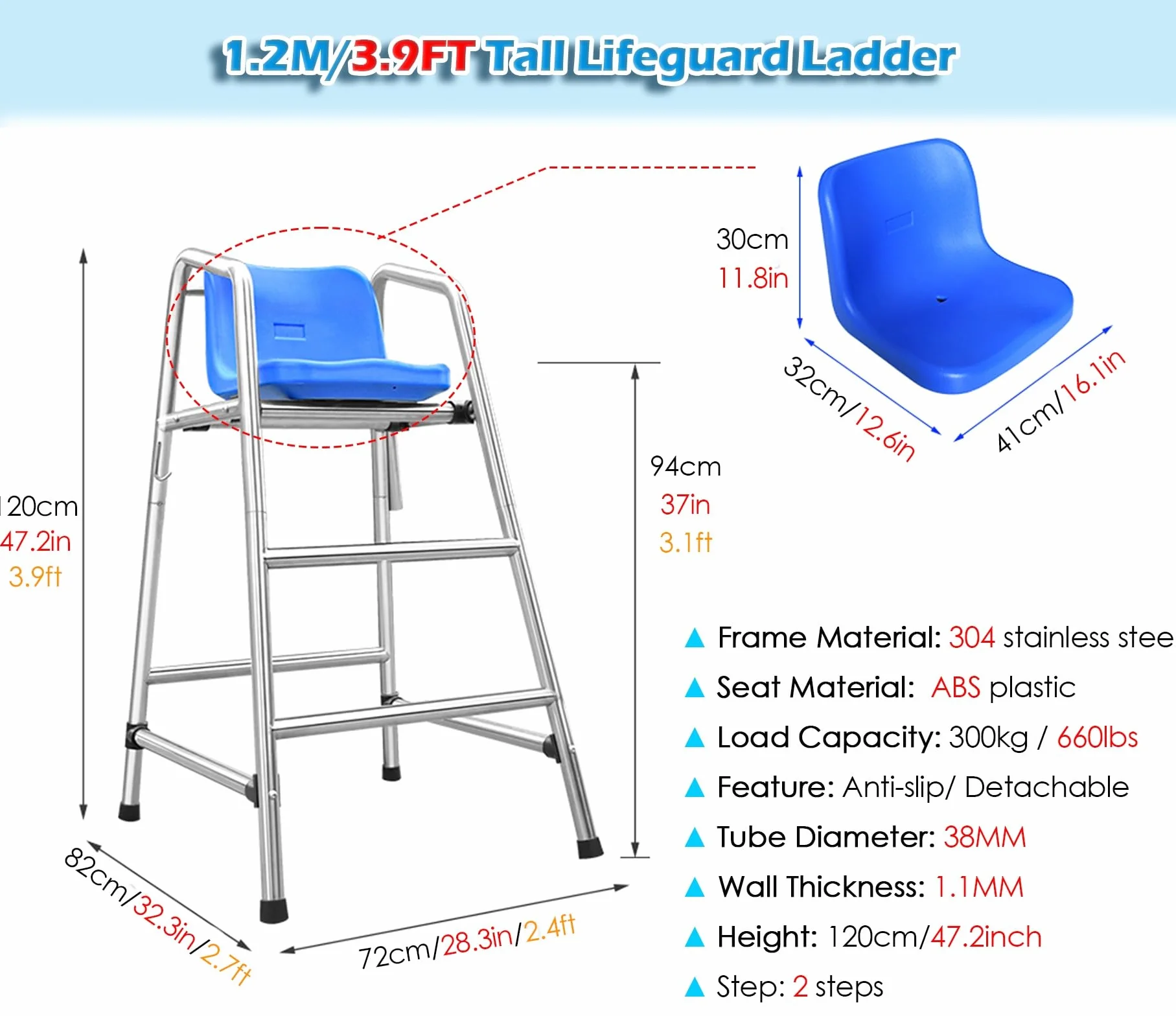 Silla de socorrista de piscina 120/150/180cm altura salvamento alta resistencia