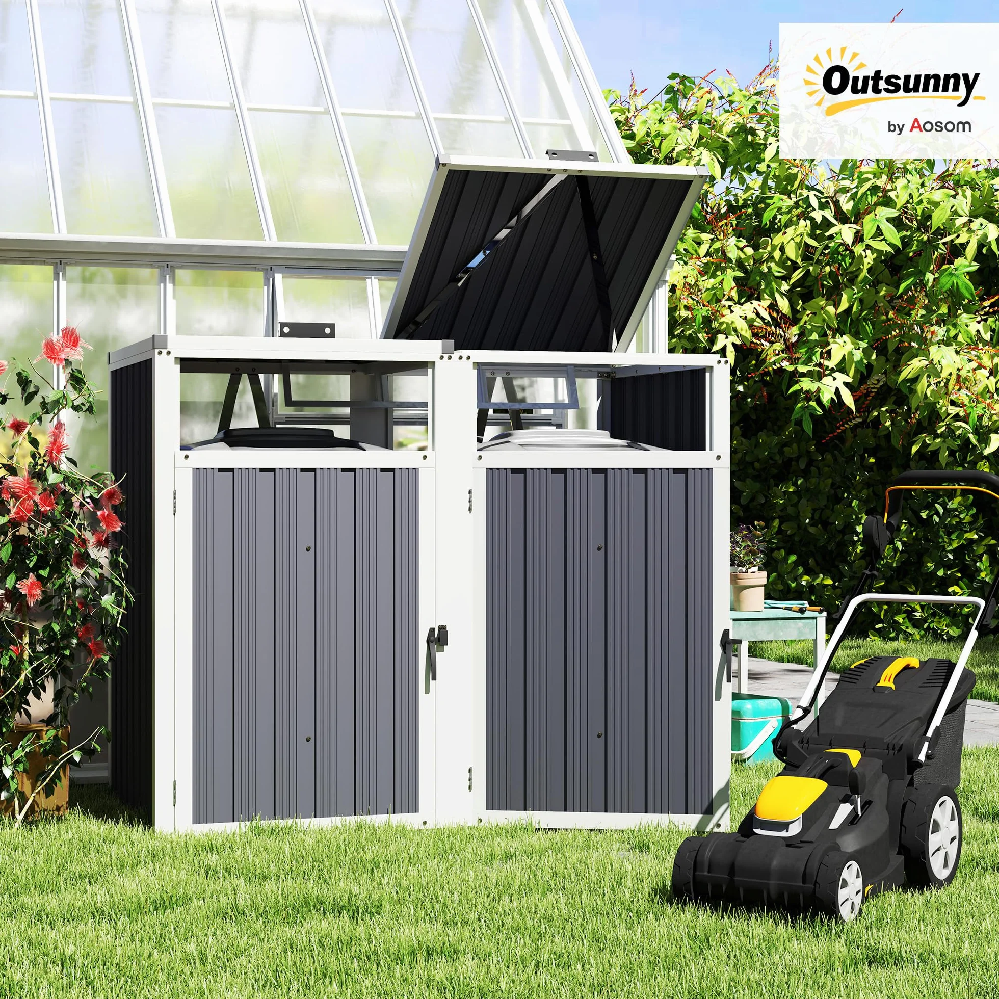 Outsunny Cobertizo para 2 Cubos de Basura 240L, Acero Galvanizado, 73x81x122 cm, Gris Oscuro