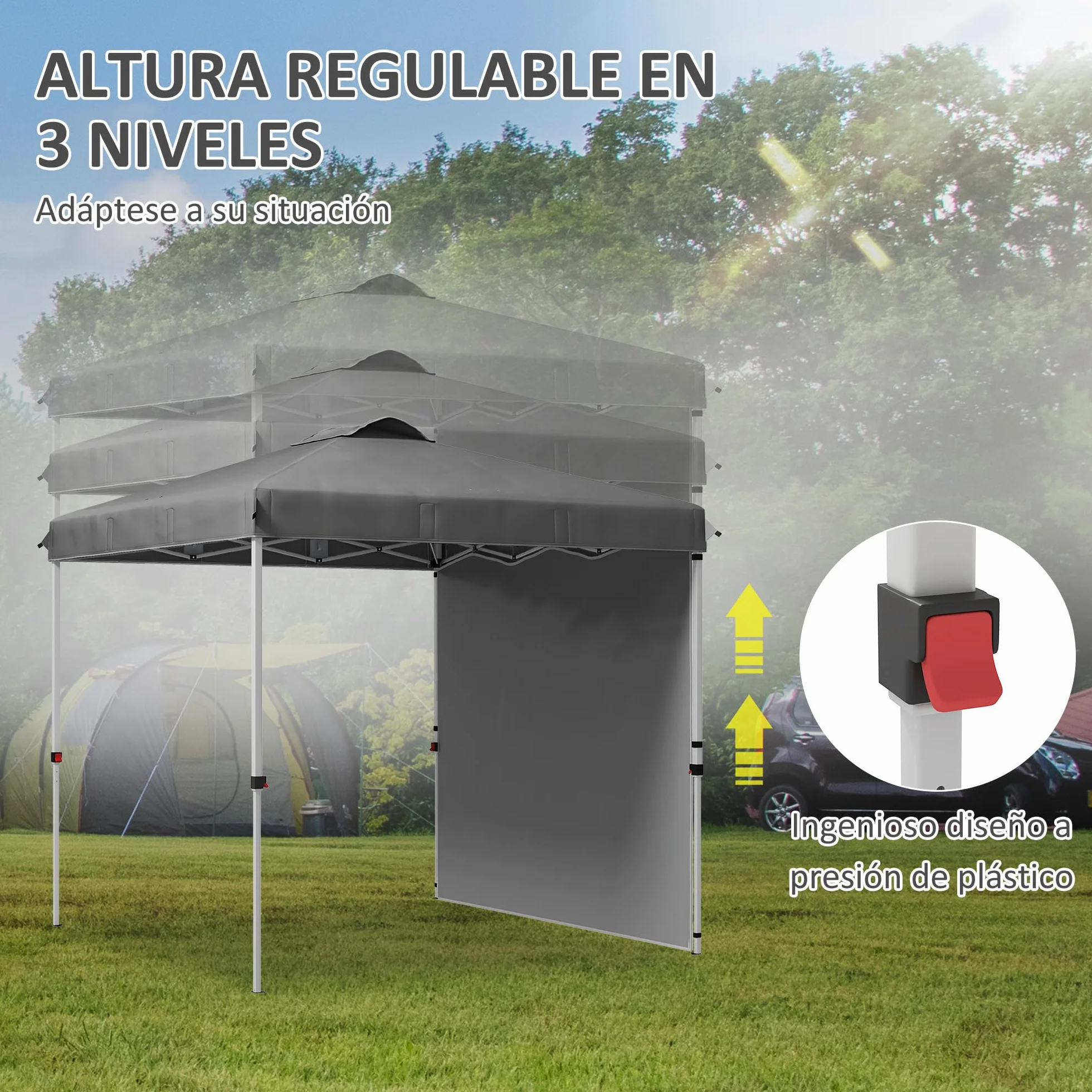 Outsunny Carpa Plegable 2,5x2,5 m Cenador de Jardín con 1 Pared Lateral Altura Ajustable en 3 Niveles Anti-UV Impermeable y Bolsa de Arena Gazebo para Exterior Camping Fiestas Gris Oscuro