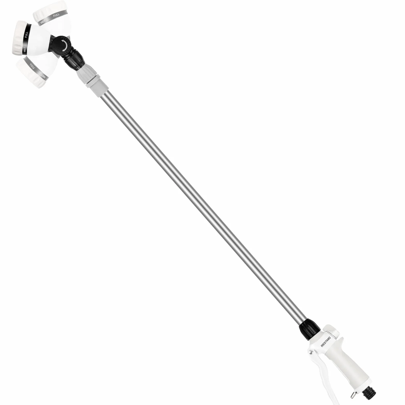 RESTMO Varita de riego de metal de 91-152 cm, tubo telescópico largo, cabezal de trinquete ajustable de 180°, 7 patrones de pulverización, control de flujo, pulverizador de manguera de jardín para