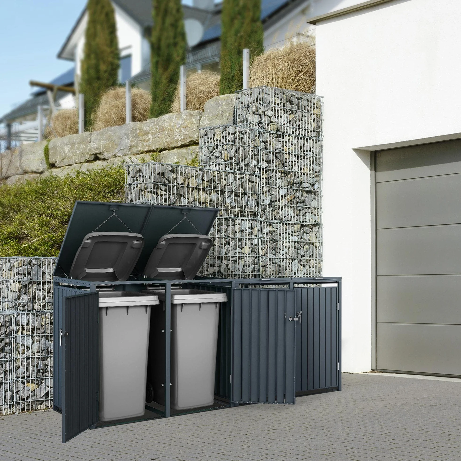 Cobertizo para Cubo de Basura 240L Doble Antracita 264x80x116 cm Caseta de Acero para Jardín Exterior 4 Puertas