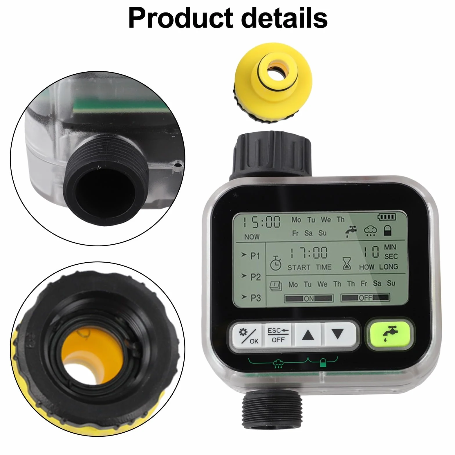 Temporizador de riego de jardín con sensor de lluvia, IPX5 impermeable, pantalla LCD