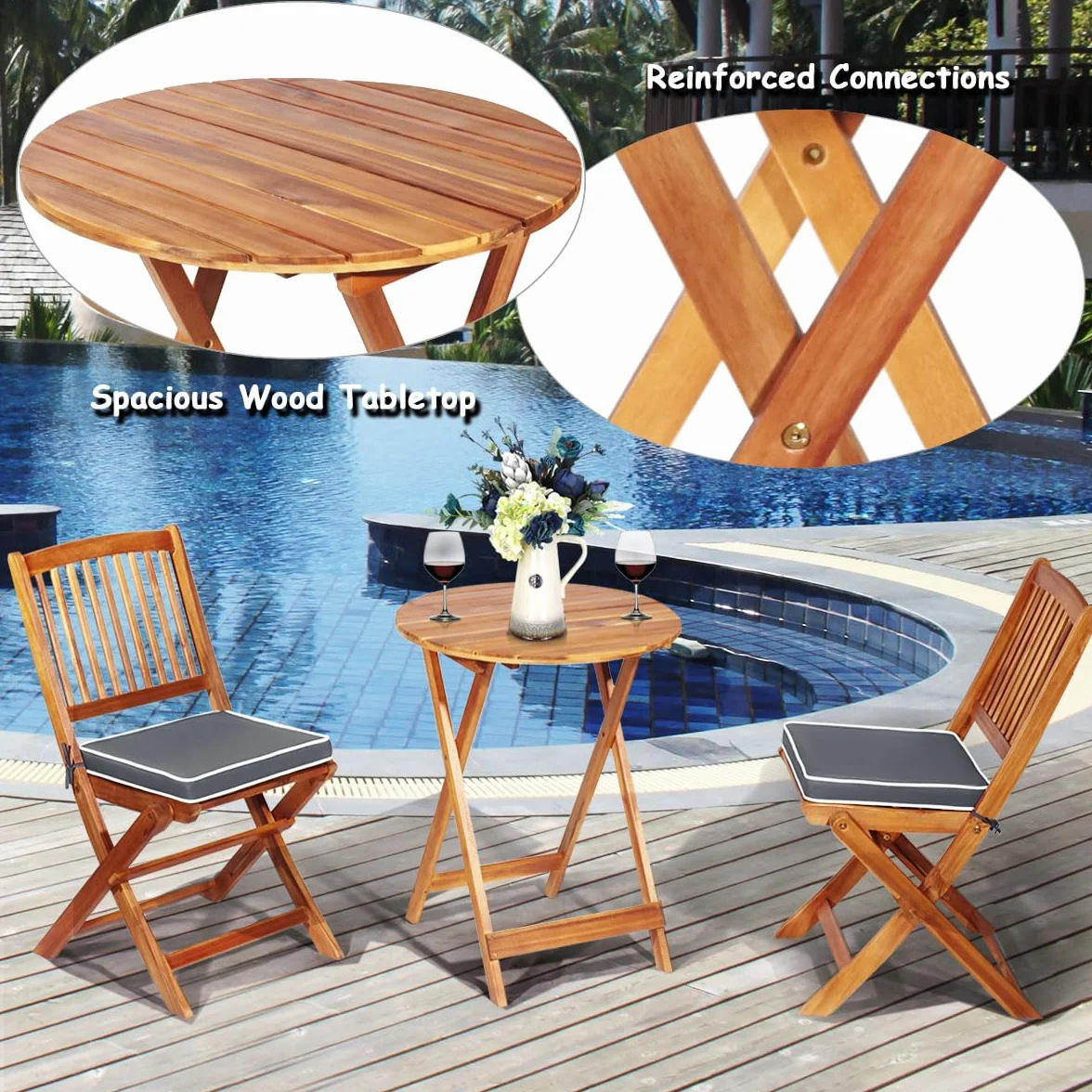 KOMFOTTEU Juego Mesa y 2 Sillas Plegables de Madera de Acacia para Exterior, Set con Cojines Gris